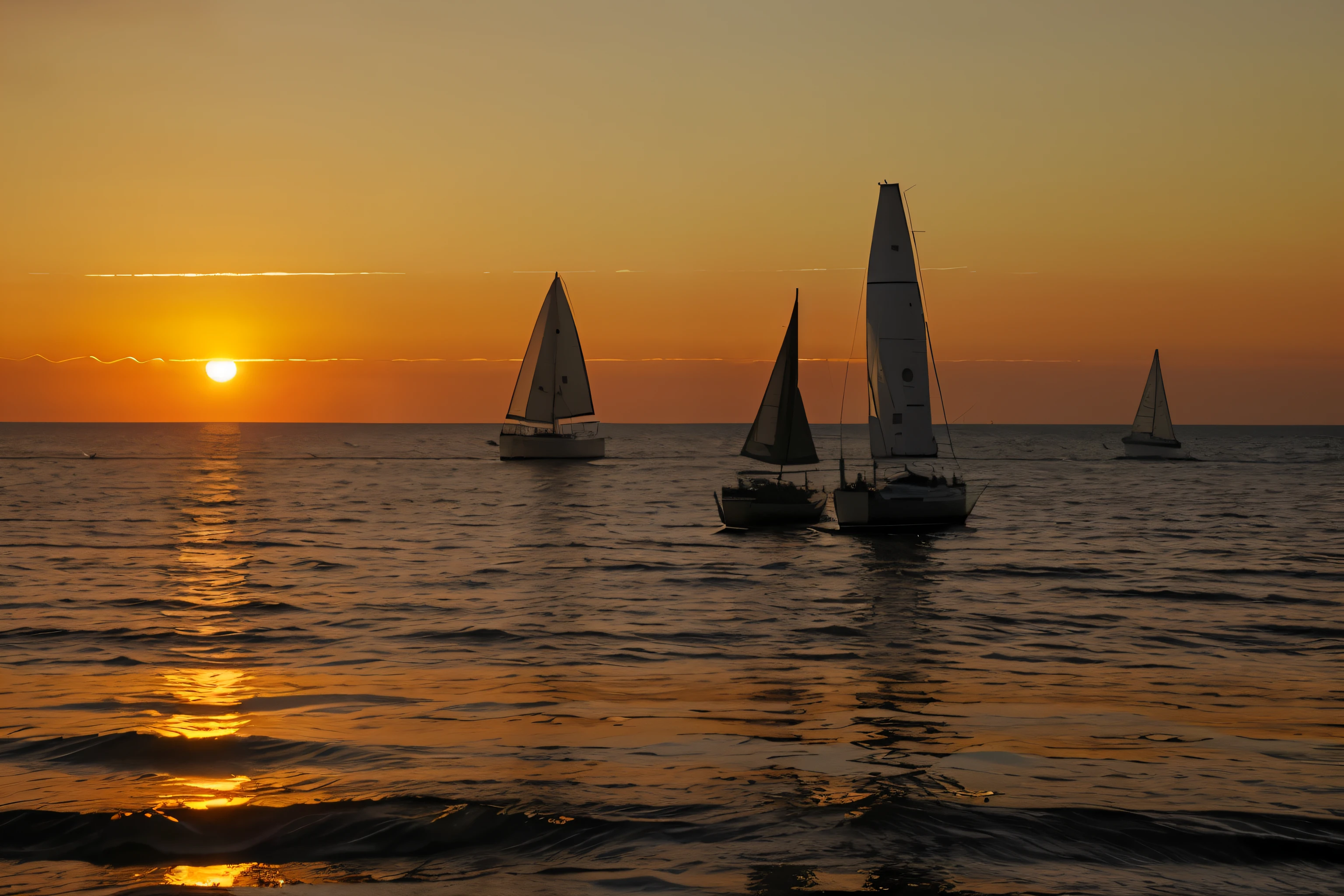 Distant sailboats silhouetted against the setting sun..