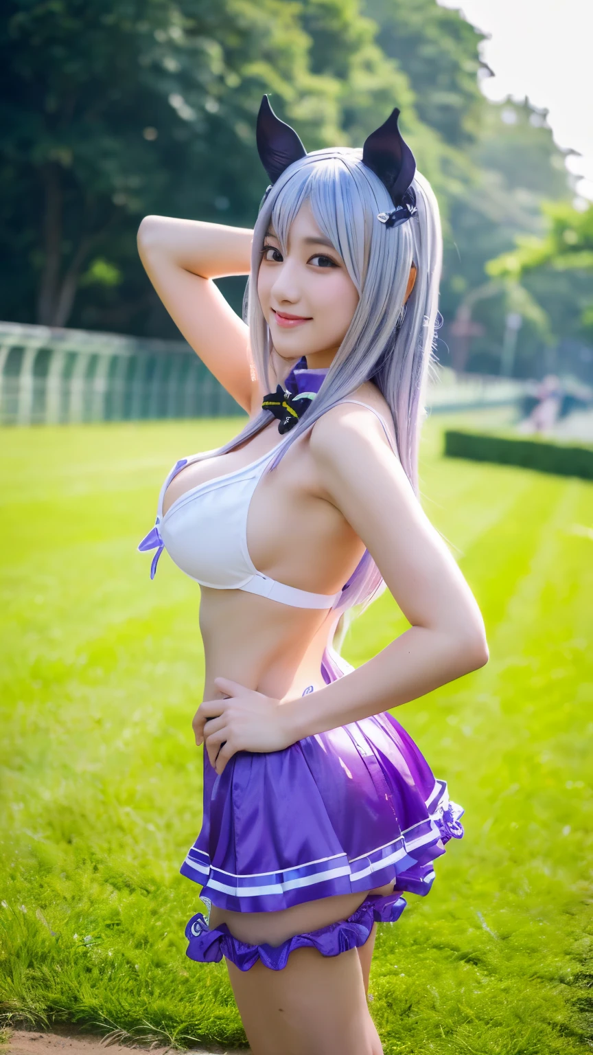 (8k、RAW photo、highest quality、masterpiece:1.5)、(realistic、Photoreal:1.5)、super detailed、超A high resolution、cinematic lighting、running on the racetrack、on the lawn、(((Beautiful woman wearing idol costume)))、(((26 year old Japanese woman)))、(((Wearing a frilly purple idol costume)))、、cute smile、dynamic angle、dynamic lighting、big breasts、cleavage、full body shot、silver hair、I have a horse's tail growing out of my butt.、horse ears are growing、idol face、sexy pose、Nogizaka46、have a microphone、big breasts、huge breasts、idol pose