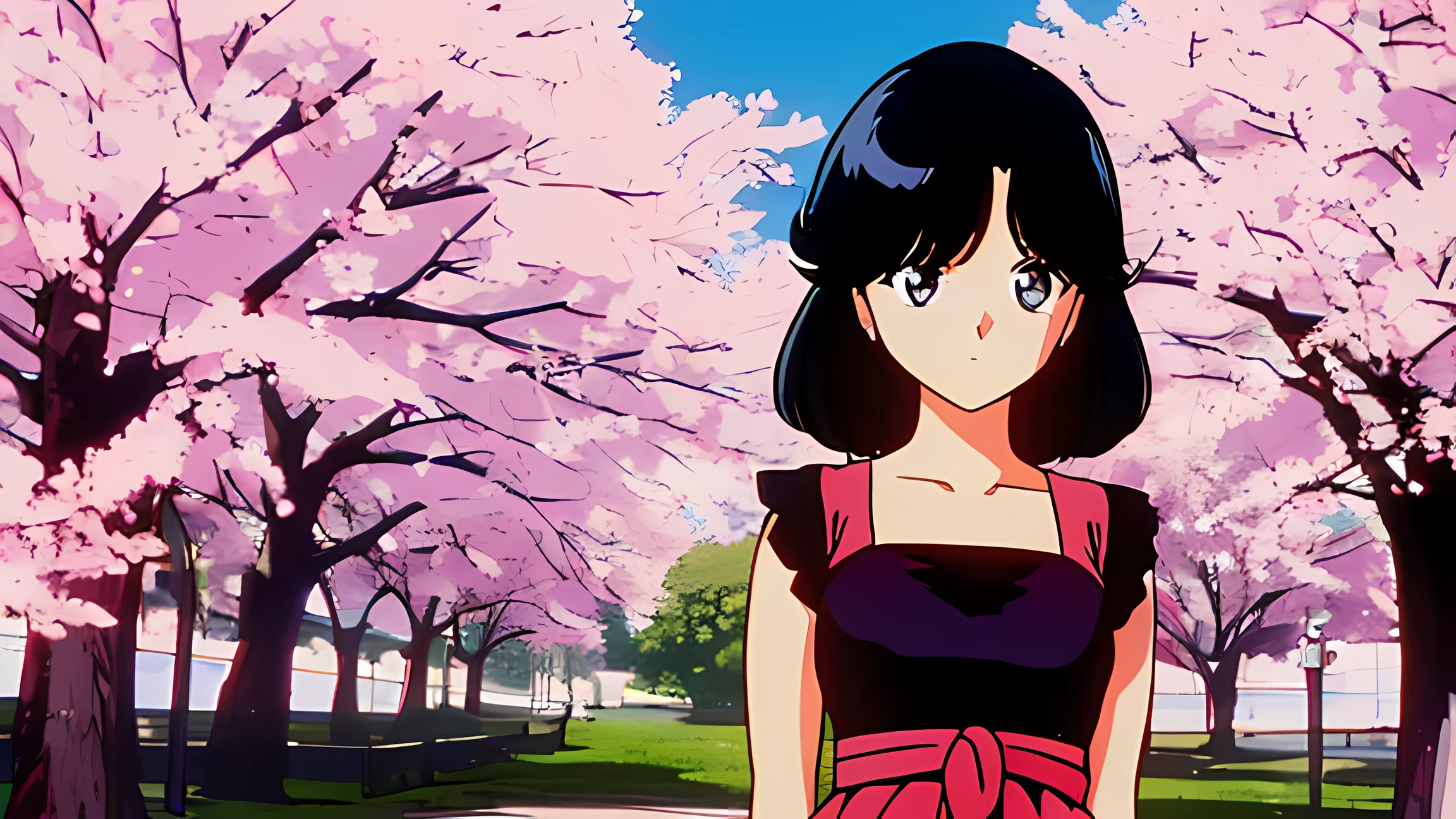 1980s, 1980sのアニメ風テイスト, black hair girl , stand in front of a cherry tree, Cherry blossoms dance in the sky,