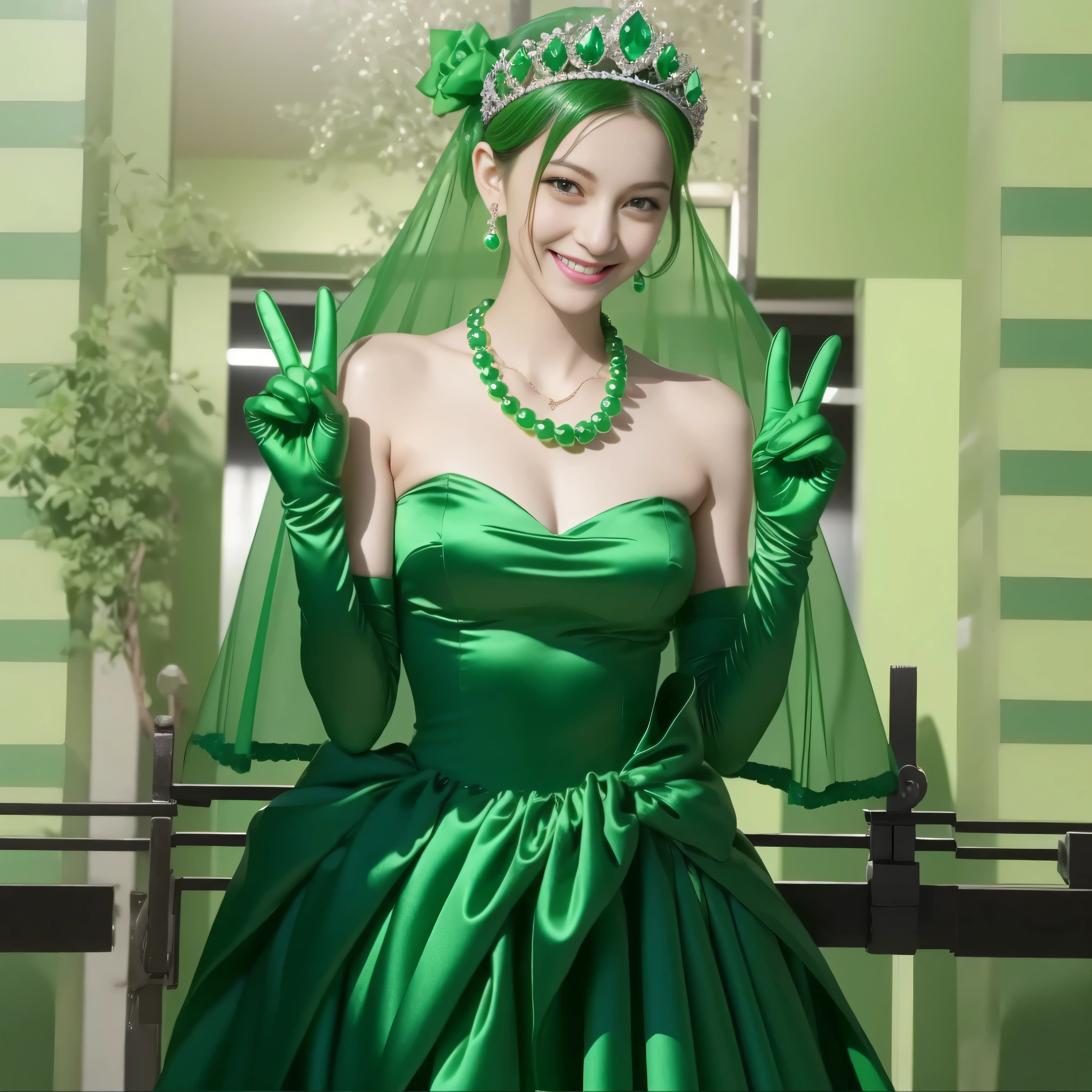 emerald tiara, green pearl necklace, Boyish green berry short hair, lipstick, Smiling Japan woman, very short hair, big breasts beautiful, green eyes, Green long gloves made of satin material, green eyes, V sign, emerald earrings, 30 generation women