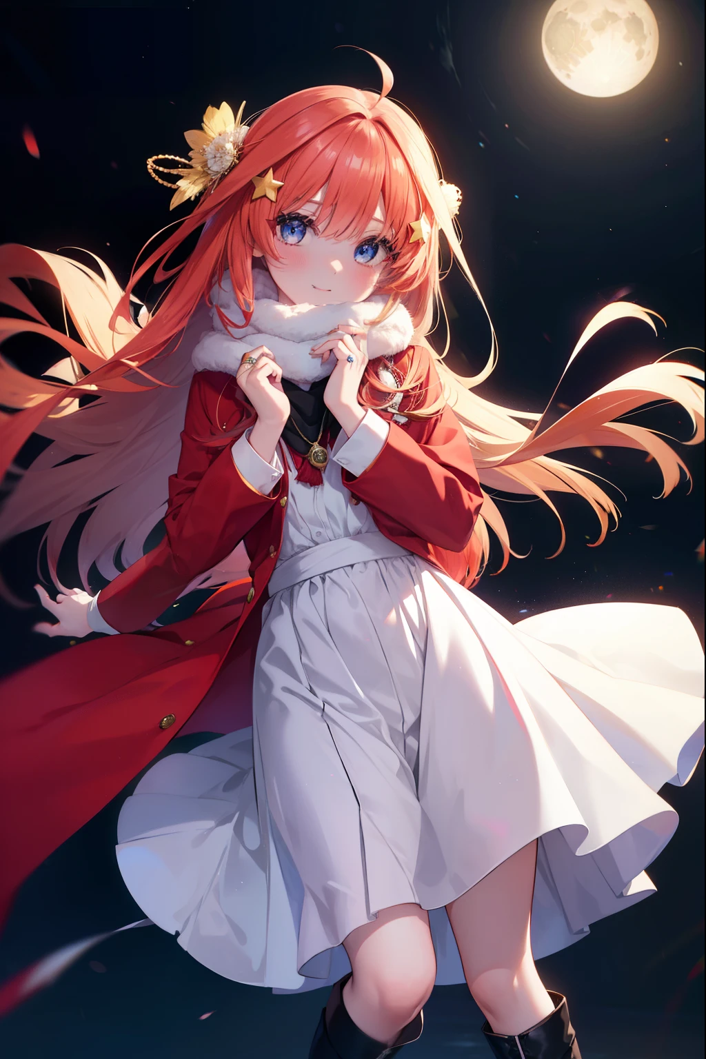 中野 五moon, itsuki nakano, bangs, blue eyes, hair between eyes, Ahoge, redhead, star \(symbol\), hair ornaments, star hair ornaments,smile,blush,oversized red long coat,scarf,white sweater,long skirt,short boots,Black Abyss glasses,She wears a wedding ring on her left ring finger,place your left hand, with a wedding ring attached, On your chest,tears of joy,close both eyes, smile,happy atmosphere,night,moon,moon光
壊す outdoors, destroy the illumination (masterpiece:1.2), highest quality, High resolution, unity 8k wallpaper, (shape:0.8), (beautiful and detailed eyes:1.6), highly detailed face, perfect lighting, Very detailed CG, (perfect hands, perfect anatomy),