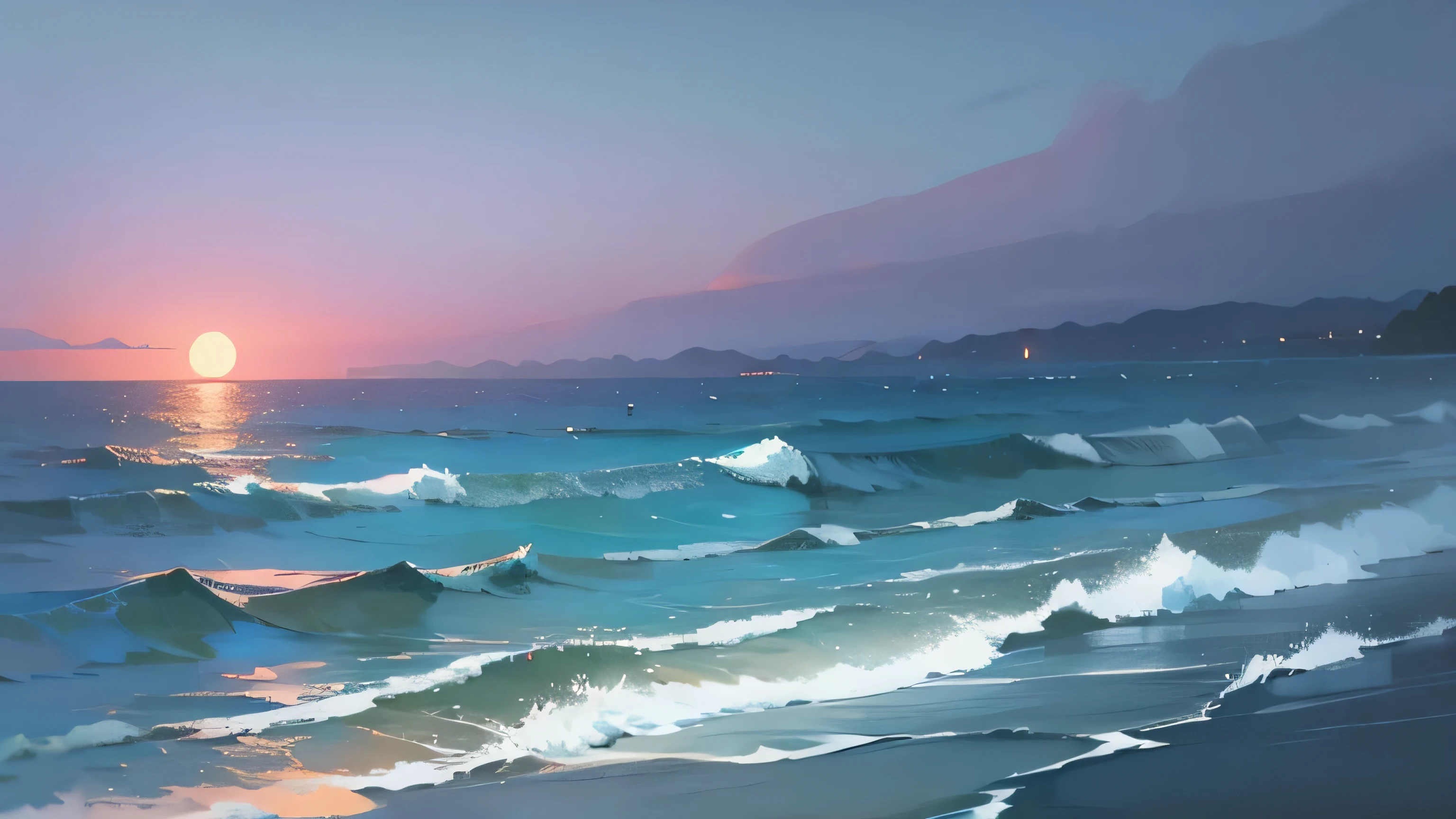 landscape painting with no one、landscape of folk tales、anime style、pastel tones、seaside at night、The moonlight shines beautifully、the sea waves are calm