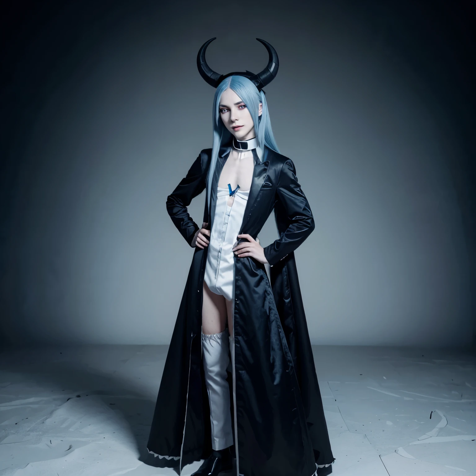 Hazbin hotel OC, demon male with pale skin tone, tall, priest outfit, long blue hair, black eyes, has fangs, full body.