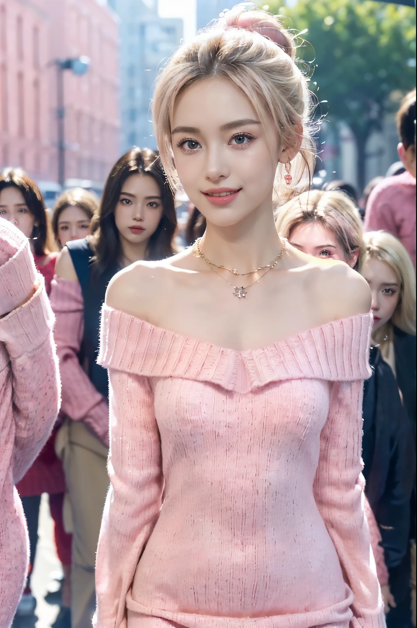 ((((8k))),((Extremely meticulous CG)) ,(wallpaper),16k,((Extremely refined and beautiful)),(((Masterpiece))),(((best qualtiy))),(((Ultra High Resolution))),beautiful light up,Perfect lightning,realistic shaded,((high resolution)),(Smooth and flawless fair skin:1.5),(pale skin:1.3),(Extremely exquisite facial details:1.2),(perfect body:1.1),(ultra-detailed),((A beautiful girl,solo)),(small head:1.2),(short ponytail:1.2),(blonde hair:1.2),(small face:1.2),(baby face:1.3),(Exquisite makeup:1.2),(earrings:1.2),(necklace:1.2),(small breasts:1.2),(flat chests:1.2),((slim,thin)),(laughing:1.2),(smile:1.2),(pink|red sweater dress:1.5),(slender legs:1.2),(day scene:1.3),(bright sunshine:1.3),(outdoor:1.2),(early spring:1.3),(On the street:1.3),(city scape:1.3),(Cyberpunk style:1.3),(tall buildings:1.3),(Future Technology Sense:1.3),(detailed background:1.5),(standing:1.3),(arms behind back:1.3),(upper body:1.3),(from back:1.2),(surrounded by crowded crowds:1.5),(off shoulder:1.3)