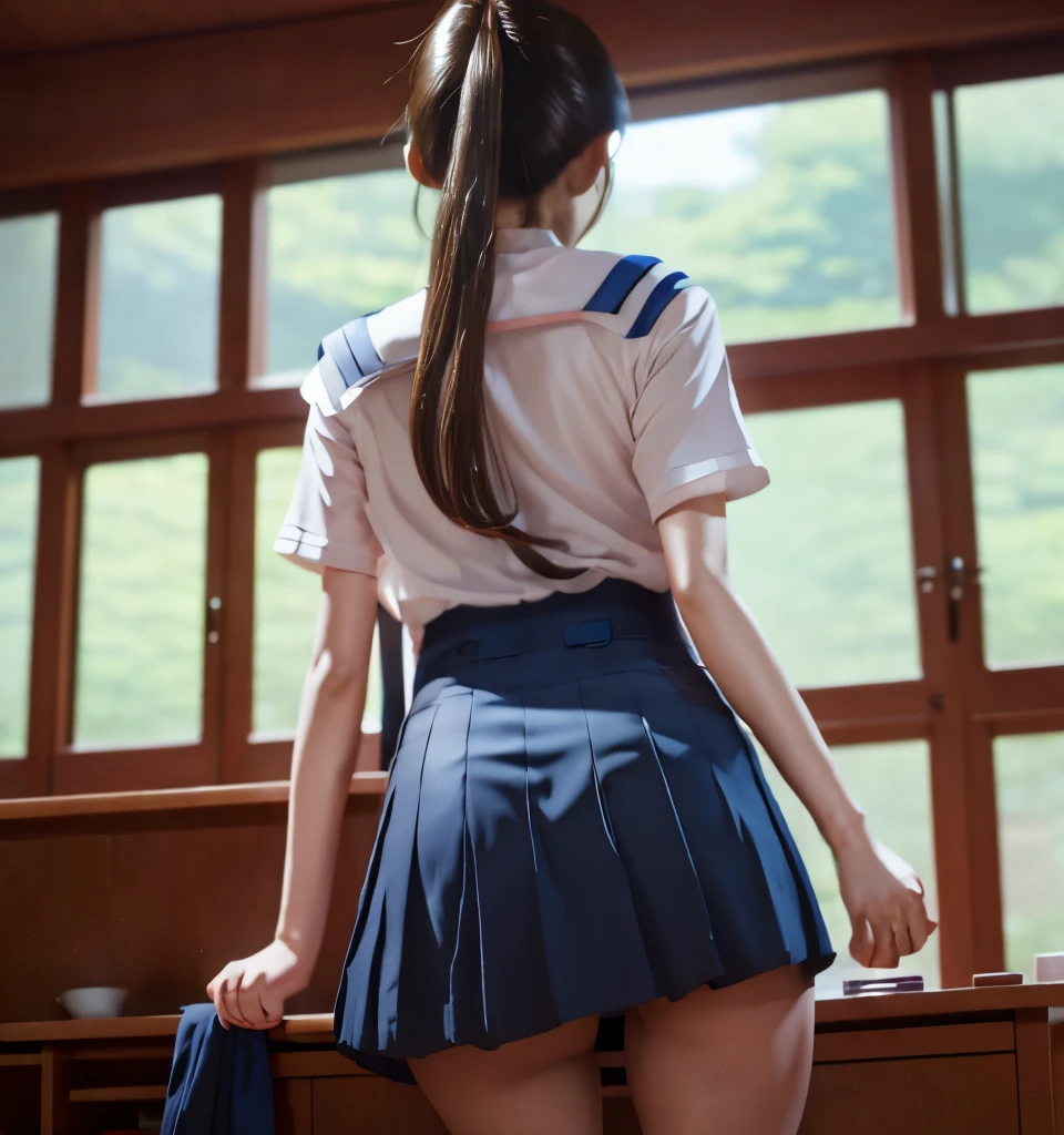 highest quality、8K、professional lighting、Natural light、A cute boy、fiery idol pose、precision wool、beautiful and delicate skin、shiny skin、no makeup、thin、pale skin、big breasts、ponytail、I&#39;学校の教室にいるI、High school girl in uniform、She is wearing a navy blue super miniskirt:1.8、barefoot:1.6、Miniskirt flips up:1.2、backwards、lean forward:1.8、slouch:1.8、Photographed from directly below the rear:1.8、Shot from a low angle from behind:1.8、white pantiesが見えます:1.8、white panties:1.8