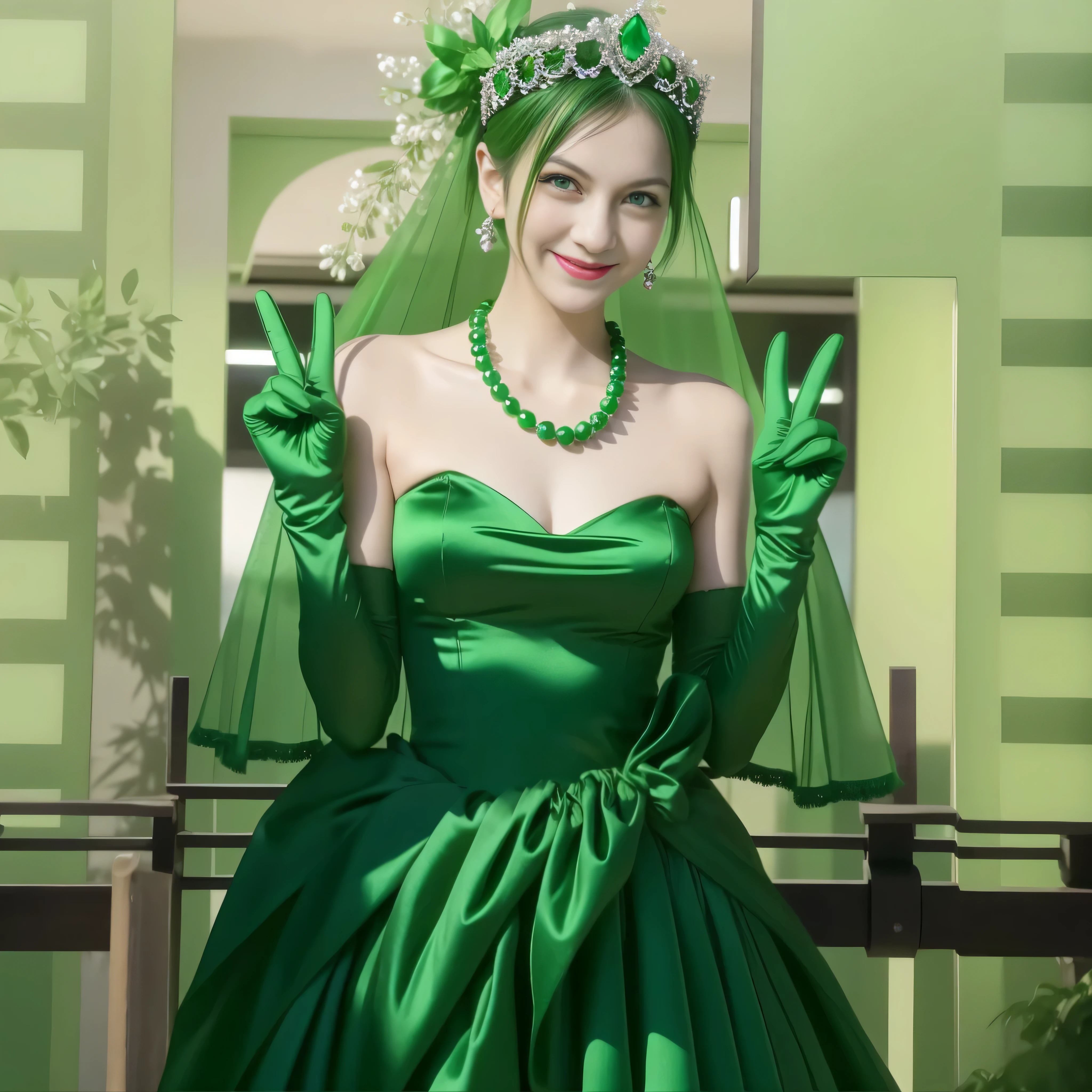emerald tiara, green pearl necklace, Boyish green berry short hair, lipstick, Smiling Japan woman, very short hair, big breasts beautiful, green eyes, Green long gloves made of satin material, green eyes, V sign, emerald earrings, 30 generation women