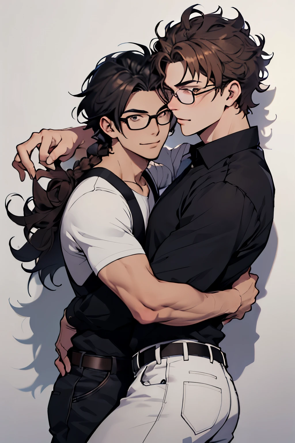 ((dibujo)) Por favor, genera un dibujo que represente una pareja gay, both approximately 25 years old, con rasgos latinos. One of them has curly brown hair and wears glasses., mientras que el otro tiene el cabello liso y oscuro. Ambos tienen piel clara y el estilo de dibujo deseado es de tipo anime, preferably done in pencil and give each other a hug as if posing for a happy photograph.. Gracias