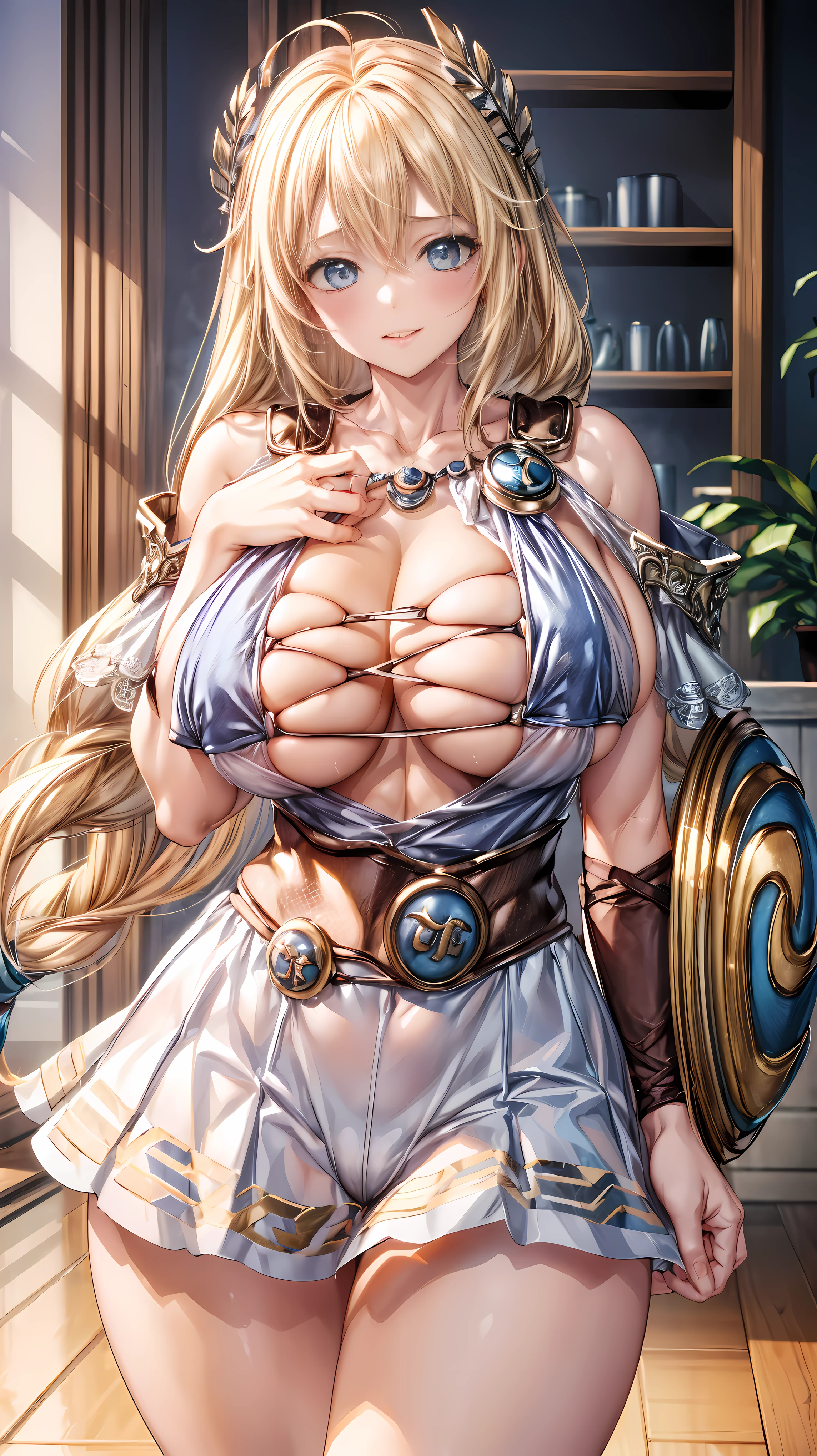 sensual, long blonde hair, thick thighs, 8K, 4k, highest quality, High resolution:1.2), cute anime face, noise reduction, shining blue eyes, gentle smile, kind eyes、toned abdominal muscles, muscular arms, muscular legs, young face, anime eyes, (((My big breasts are about to burst)))、Sophitia Alexandra、Have a sword and shield、(SFW huge body:1.5)