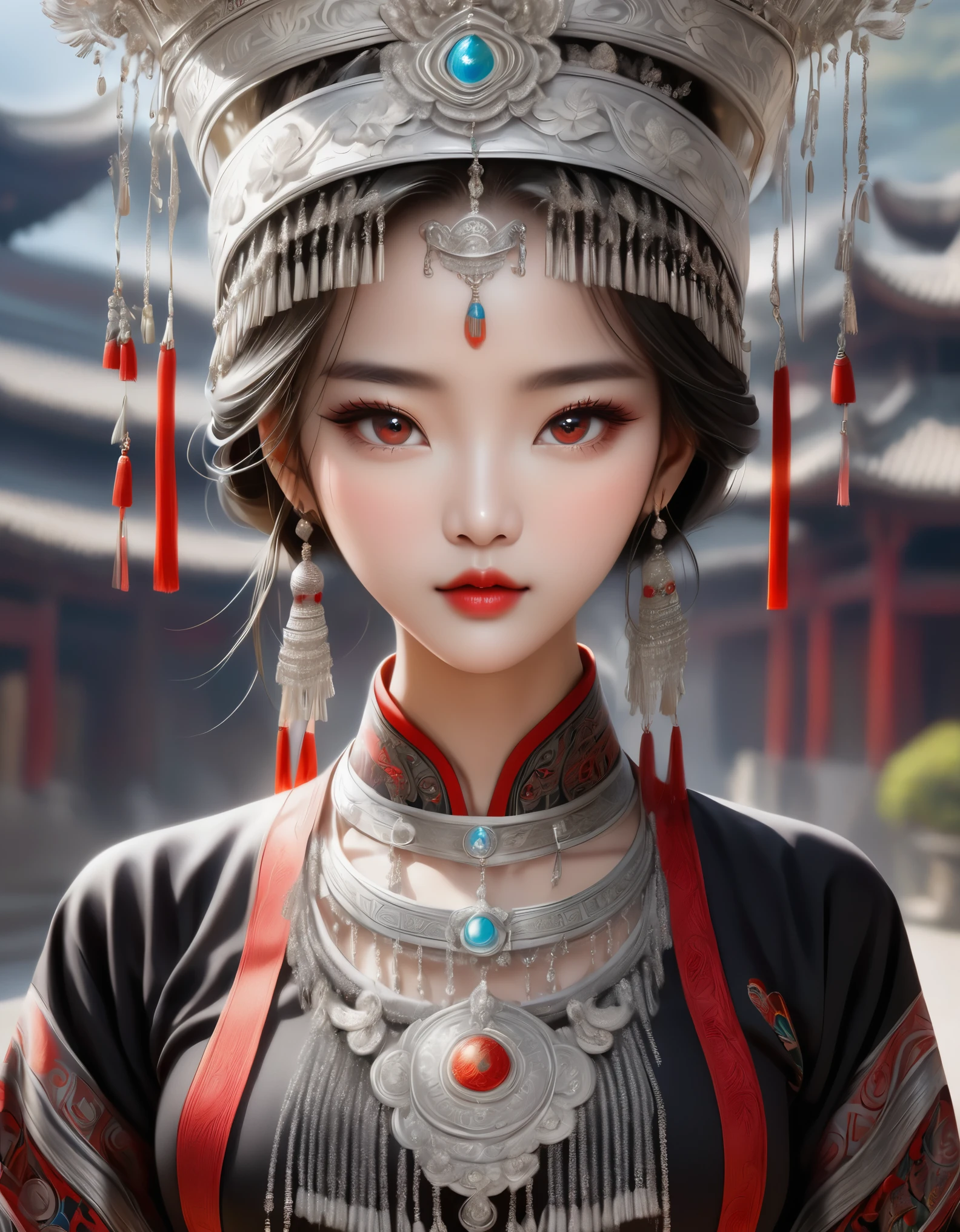 (best quality,8K,masterpiece:1.2),stunning,gorgeous Chinese girl,queen,detailed skin details,bright eyes,gorgeous eyelashes,standing alone,looking at the audience,minority:1.5,silver jewelry:1.2,silver hat crown:1.5,silver tassels:1.37,silver necklace,silver texture,silver sheen,upper body,long sleeves,dark ethnic attire,long skirt:1.2,waist,details of black and red linen fabric,characteristics of Miao ethnic attire,totem)