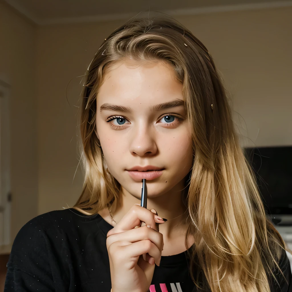 fille de , cheveux blonds occidentaux tenant un stylo en l'air