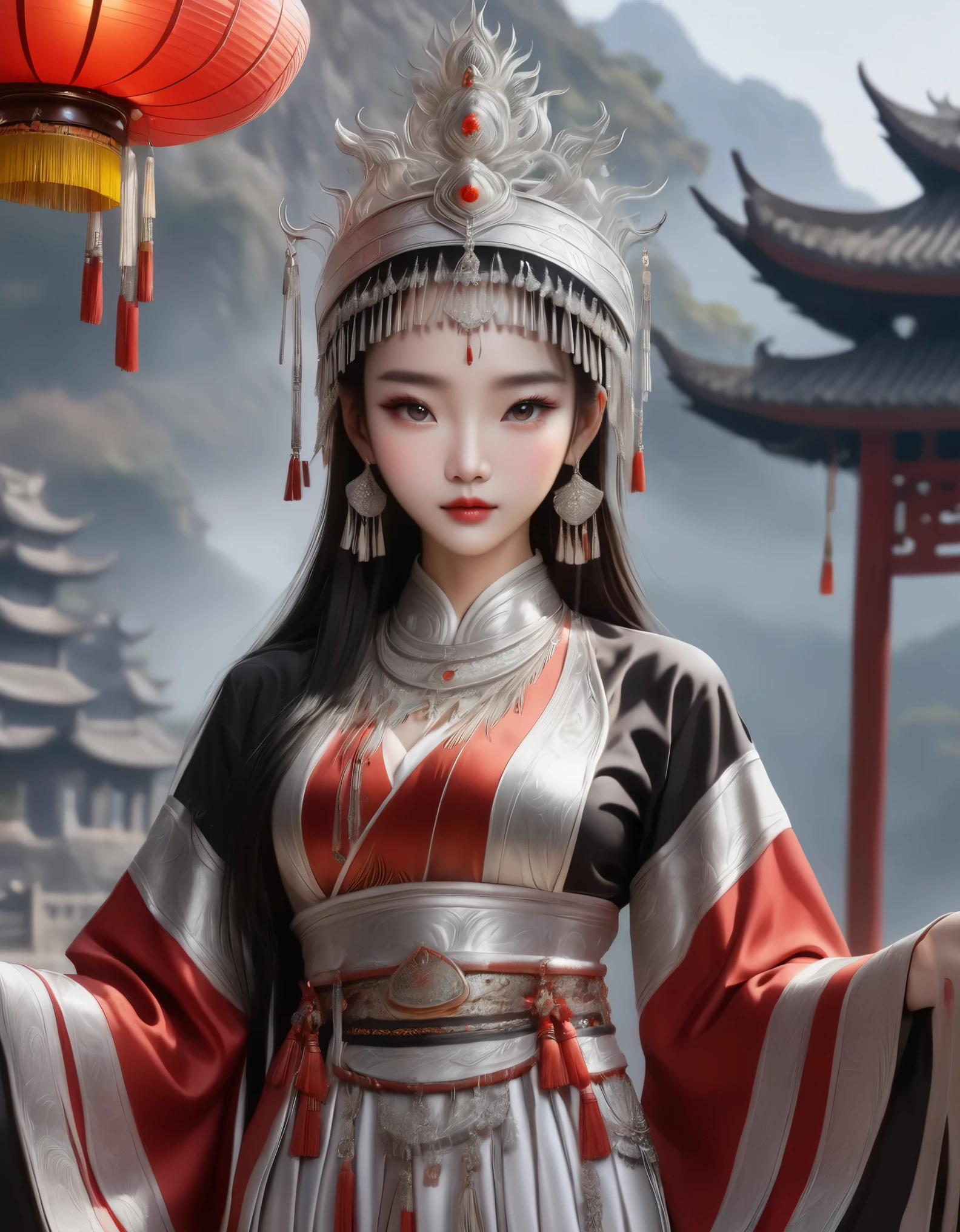 (masterpiece，high quality，8K).amazing,Inspired by the myths and legends of Guilin, China:Liu Sanjie，The most beautiful beautiful Chinese girl，Queen，Skin details，Bright Eyes，Fine lashes，unique，Gaze at the viewer），（Miao：1.5，silver jewelry：1.2，silver hat crown：1.5，silver tassel：1.37，silver collar，Silver texture，silver luster），Upper body，long sleeves，（dark ethnic wear，long skirt：1.2，waist，Black and red linen fabric detail，Miao服饰特点，totem），