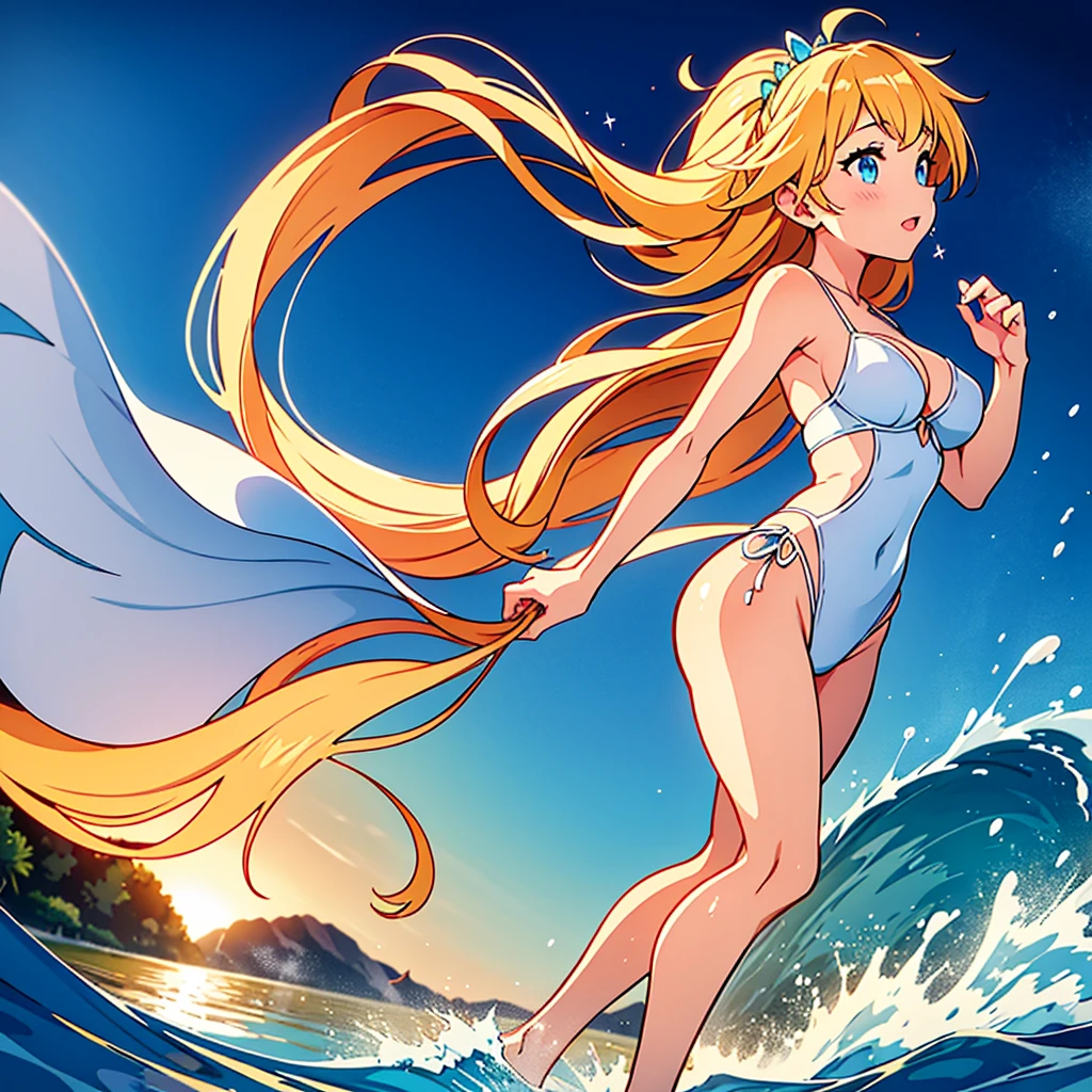 People dancing on the sea surface,ocean, sandy beach,sunset,beautiful detailed eyes,beautiful detailed lips,best quality,highres,ultra-detailed,realistic:1.37,ultra-fine painting,professional,vivid colors,bokeh,photography,waves crashing,delicate footwork,joyful expressions,reflections on water,motion blur,soft breeze,smooth movements,harmonious choreography,elegant dresses,graceful poses,serene atmosphere,marine creatures swimming,playful splashes of water,sparkling golden rays,gentle waves,immersive experience,memorable performance,lively music,happy crowd,enchanting ambiance,lit torches,warm summer night,celebratory mood,night sky studded with stars,lit bonfires,romantic setting