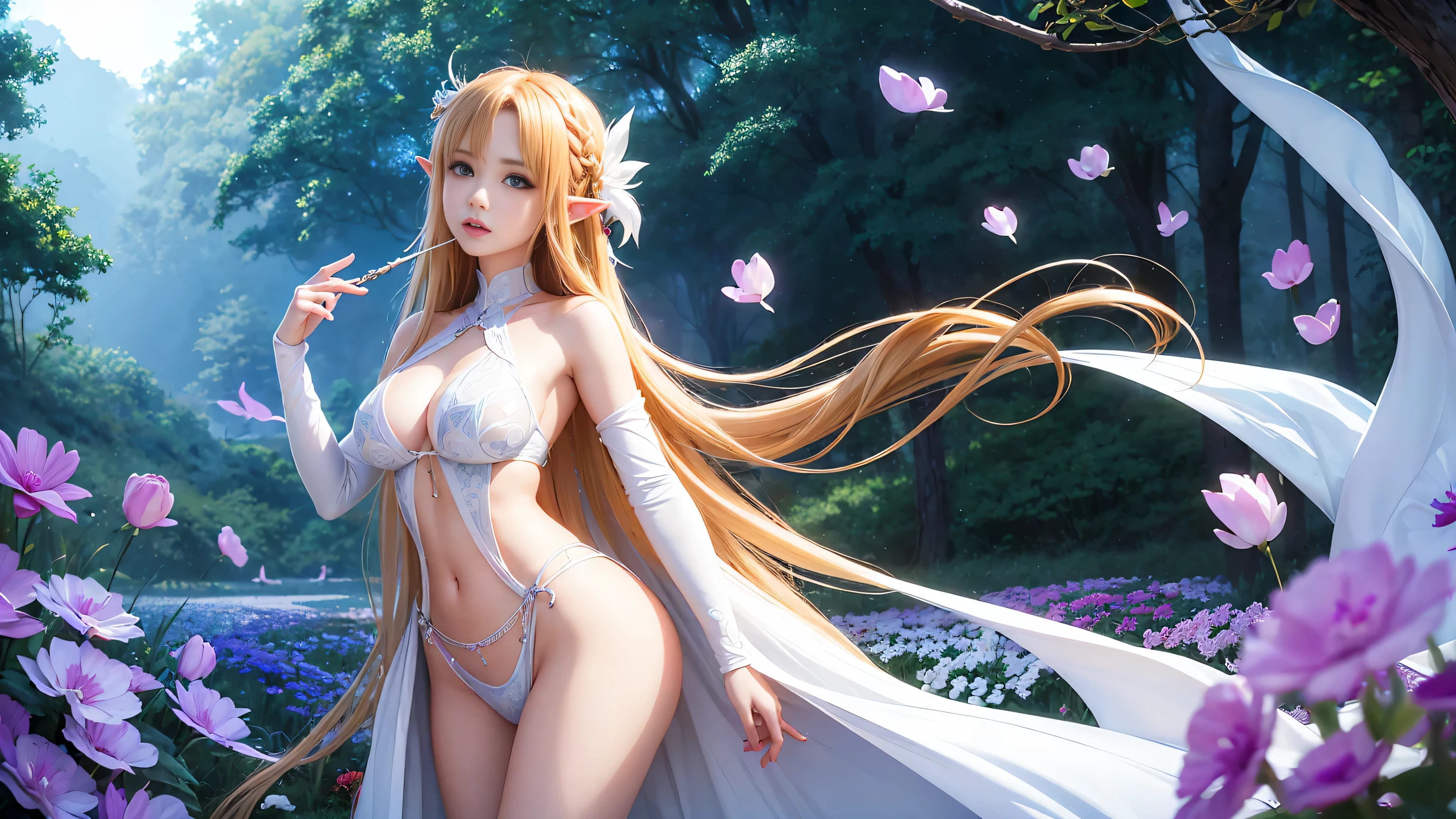 A graceful elf girl stands in a meadow, her delicate features illuminated by the soft light of the setting sun. Her long, flowing hair cascades down her back, adorned with intricate braids and adorned with sparkling jewels. This stunning painting captures the ethereal beauty of elves. Her slender figure in a silk dress sways in the soft meadow breeze. The artist's attention to detail is evident in the intricate patterns of her dress and the subtle highlights of her luminescence. skin. This breathtaking depiction of an elf girl exudes a sense of enchantment and transports the viewer to a magical world. The beautiful elf magician is awe-inspiring as she holds a magician's staff, uses fireball magic, and is about to defeat the Demon King with explosion magic., If you pull up your skirt, you can see your see-through panties and it will be embarrassing., (A superb exquisite Asuna Yuuki),(Asuna Yuuki:1.5), long hair, brown hair, streaked hair, brown eyes, star-shaped pupils, straight bangs, solo, nature, extremely delicate, straight facial features, peerless beautiful girl, soft, (sensual face), ((ecchi face)), dreamy quality, exaggerated facial features, solid color, frank holly, delicate face, bright lips, slender waist, soft curves, real light and shadow, super fine, 4k, natural moving, Ultra high resolution, (masterpiece:1.2, best quality), (finely detailed beautiful eyes: 1.2), (beautiful detailed face), detailed anime artwork, clean detailed anime art, detailed digital anime art, detailed anime art, beautiful anime portrait, beautiful anime girl, beautiful anime artwork, beautiful anime art, beautiful anime style, detailed portrait of anime girl, anime girl, beautiful anime, anime illustration,Medium chest, slender body,unparalleled beauty sexy and very beautiful face、Super long silky shiny blonde hair、long swaying bangs、Sexy 、beautiful cute pearl eyes beautiful girl、Silky skin、Very big blue eyes, see-through brassiere and panties,