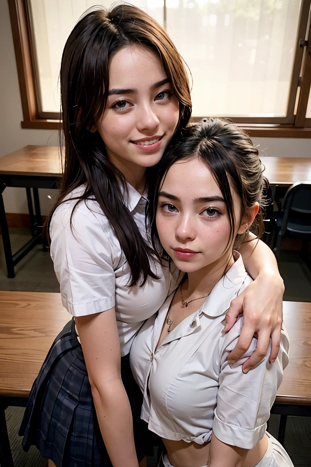 two teenage girls, Japanese school uniform with open front, underboob, A classroom with many students, big breasts, cleavage, Intertwining hands, back hug, background blur, silver hair, movie light effects, blouse, toned abdominal muscles, Photographed from directly above, Sparkling eyes, blush, shy, red lips, sexy , mini skirt, Japanese girls&#39; high , smile showing teeth, comb your hair with your hands