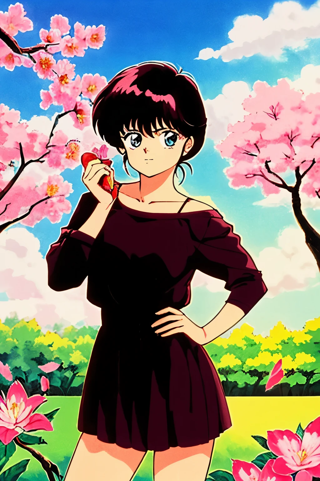 1980s, 1980sのアニメ風テイスト, A girl with black hair wearing a  , stand in front of a cherry tree, Cherry blossoms dance in the sky,