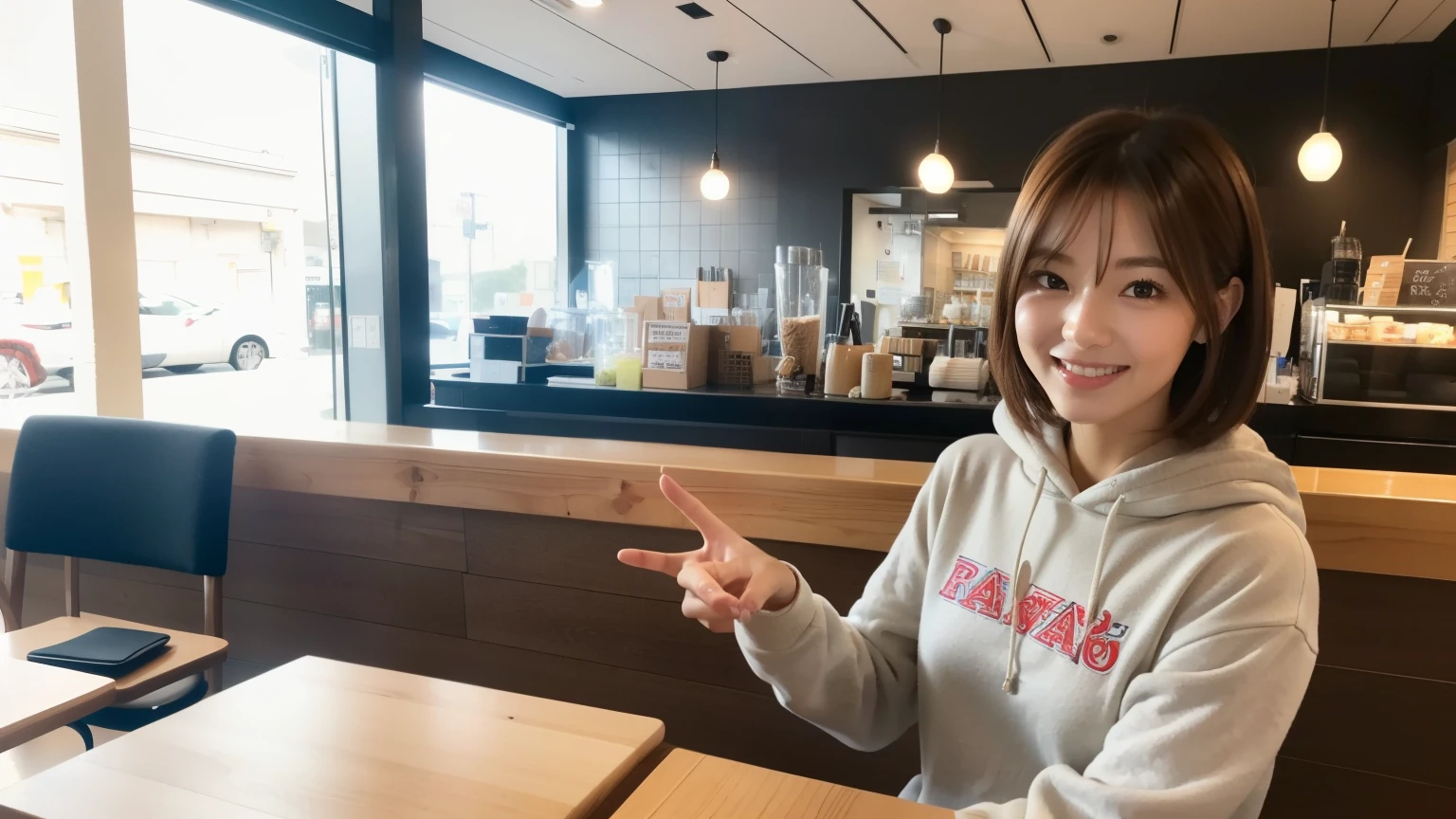(8K, Raw photo, highest quality, masterpiece:1.2), (realistic, photo-realistic:1.4), (Highly detailed 8K wallpaper), perfect female body, famous japanese idol, 20 year old girl,  japanese model, medium short hair, messy hair, light brown hair, hoodie,inside a stylish cafe, I can see other customers enjoying themselves too.。At the back of the cafe、Staff are busy working at the counter。