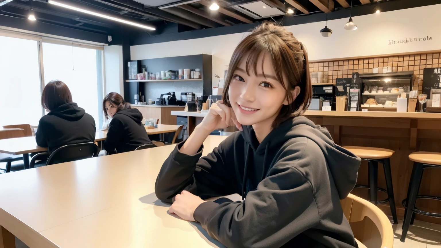 (8K, Raw photo, highest quality, masterpiece:1.2), (realistic, photo-realistic:1.4), (Highly detailed 8K wallpaper), perfect female body, famous japanese idol, 20 year old girl, japanese model, medium short hair, messy hair, light brown hair, hoodie,inside a stylish cafe, I can see other customers enjoying themselves too.。At the back of the cafe、Staff are busy working at the counter。