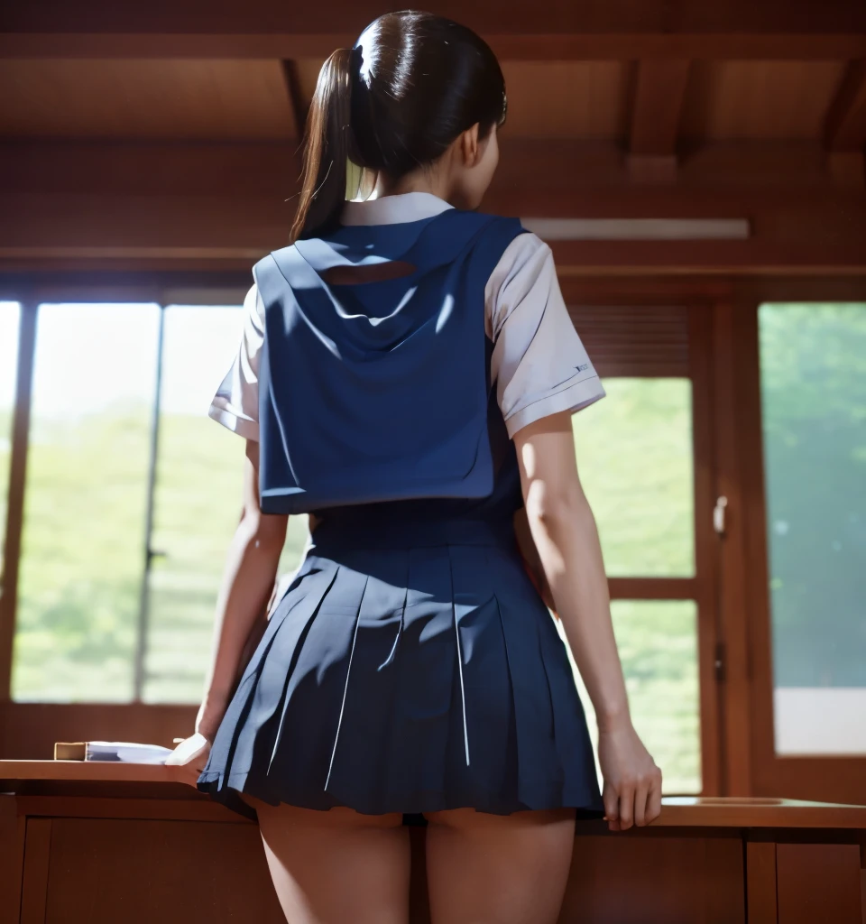 highest quality、8K、professional lighting、Natural light、A cute boy、fiery idol pose、precision wool、beautiful and delicate skin、shiny skin、no makeup、thin、pale skin、big breasts、ponytail、I'学校の教室にいるI、High school girl in uniform、She is wearing a navy blue super miniskirt:1.8、barefoot:1.6、Miniskirt flips up:1.2、backwards、lean forward:1.8、slouch:1.8、Photographed from directly below the rear:1.8、Shot from a low angle from behind:1.8、white pantiesが見えます:1.8、white panties:1.8