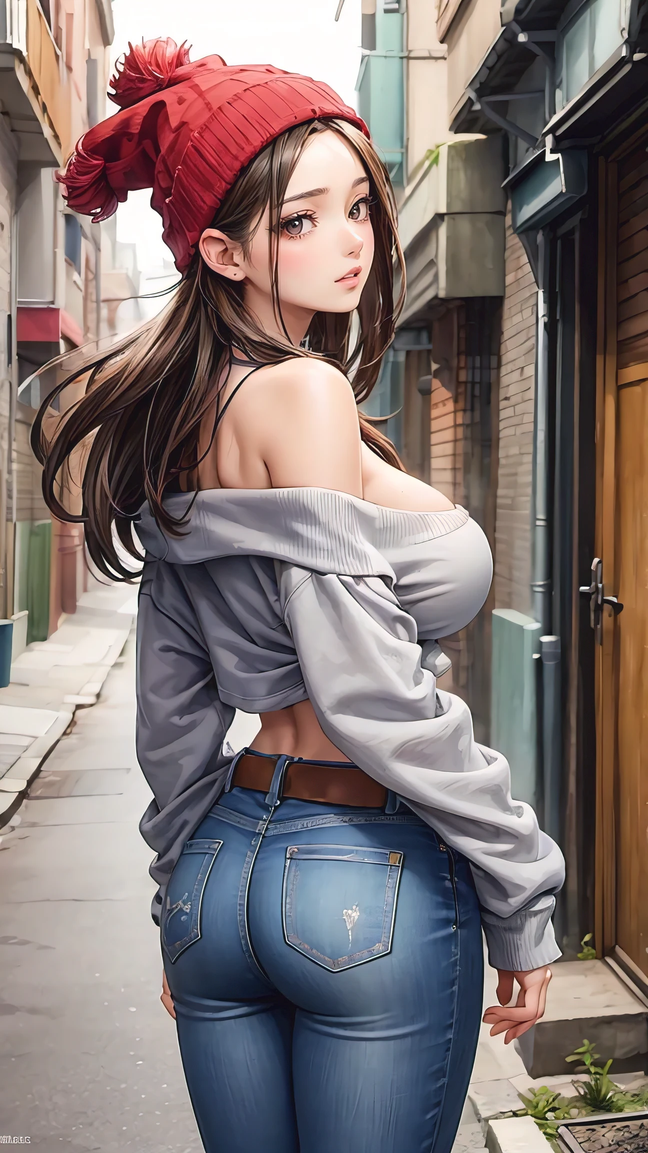 (best quality, masterpiece:1.2), perfect body, slim waist, huge breasts, off-shoulder printed sweatshirt, beanies, jeans, back alley, vibrant