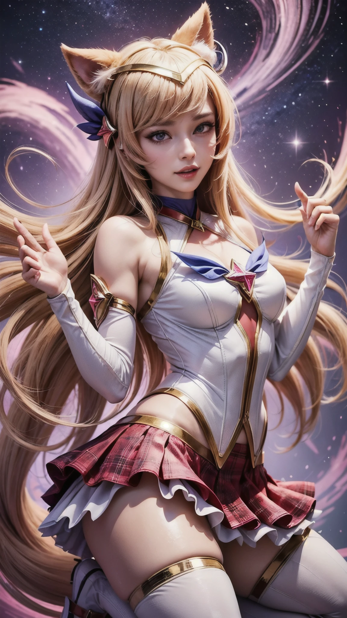 (masterpiece, best quality:1.2), intricate details,  star guardian ahri, 1girl, animal ears, hair ornament, detached sleeves, bare shoulders, skirt, magical girl, multiple tails, blonde hair, light smile