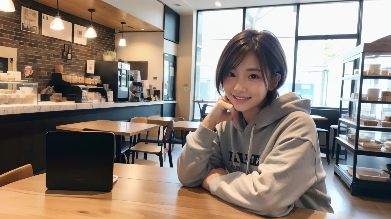 (8K, Raw photo, highest quality, masterpiece:1.2), (realistic, photo-realistic:1.4), (Highly detailed 8K wallpaper), perfect female body, famous japanese idol, 20 year old girl, japanese model, medium short hair, messy hair, light brown hair, hoodie,inside a stylish cafe, I can see other customers enjoying themselves too.。At the back of the cafe、Staff are busy working at the counter。