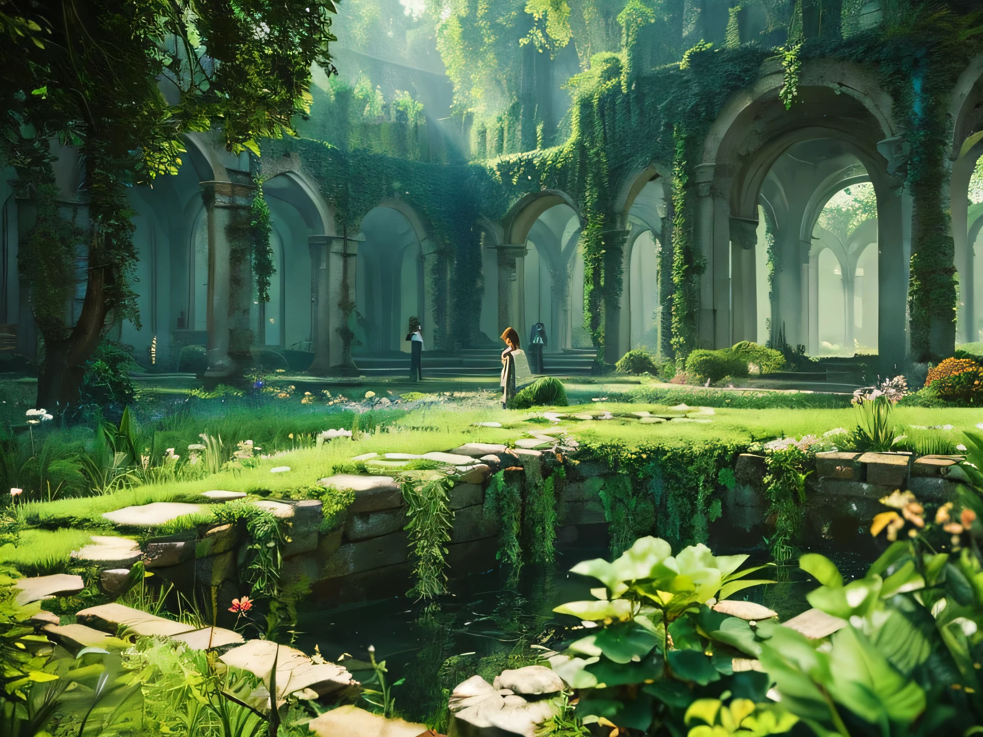 Ruins surrounded by greenery,A place that once flourished,Otherworldly atmosphere,Majestic nature,Sunny,Calm air,illustration style,A morning full of hope