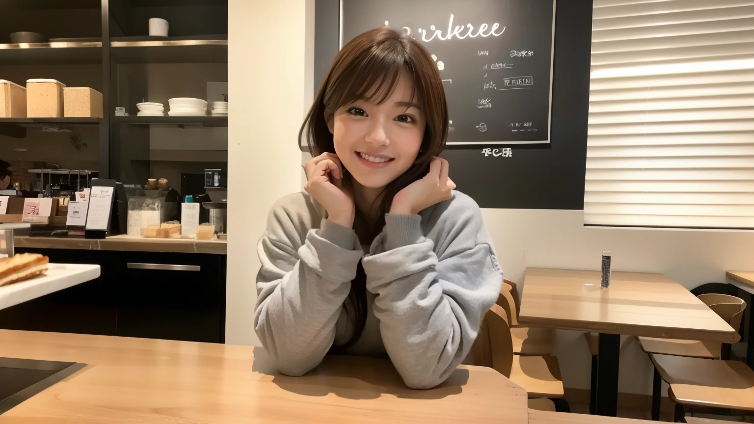 (8K, Raw photo, highest quality, masterpiece:1.2), (realistic, photo-realistic:1.4), (Highly detailed 8K wallpaper), perfect female body, famous japanese idol, 20 year old girl, japanese model, medium short hair, messy hair, light brown hair, hoodie,inside a stylish cafe, I can see other customers enjoying themselves too.。At the back of the cafe、Staff are busy working at the counter。