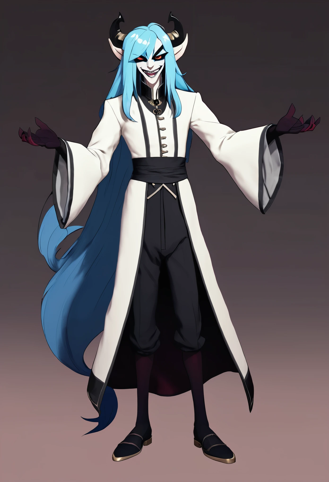Hazbin hotel style, demon male with pale skin tone, tall, priest outfit, long blue hair, black eyes, has fangs, full body.