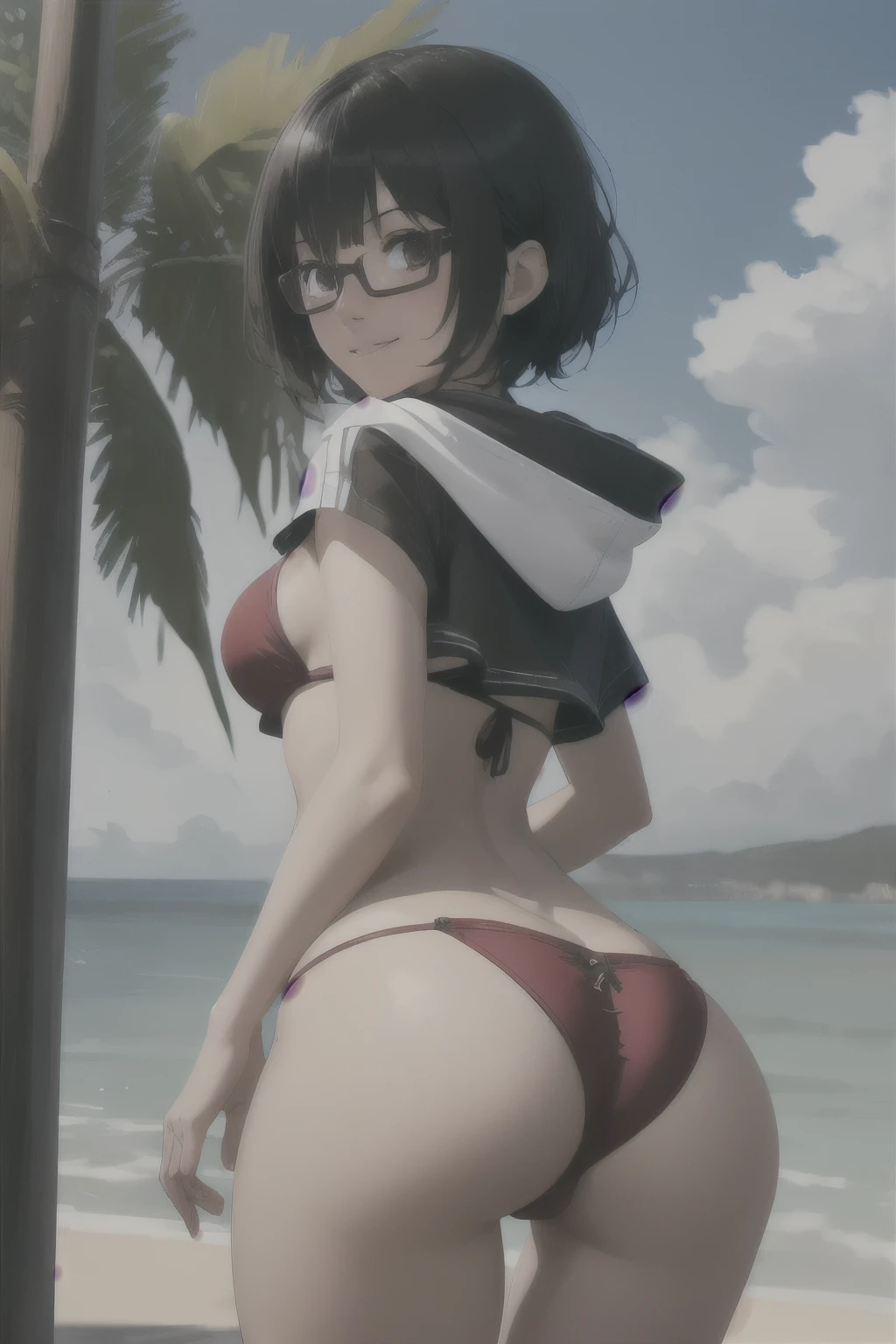((best quality)),((highly detailed)),masterpiece,absurdres,detailed face,beautiful face,(detailed eyes, deep eyes),1girl,((dynamic pose)), Sally, solo, glasses, black hair, hood, red eyes, smile, looking at viewer, under-rim eyewear, semi-rimless eyewear, short hair,huge breasts, big breasts, bikini, full frame, sunny day, at beach, bent over, thong, wedgie, pussy cameltoe, big ass, back pov, rear pov, view from back