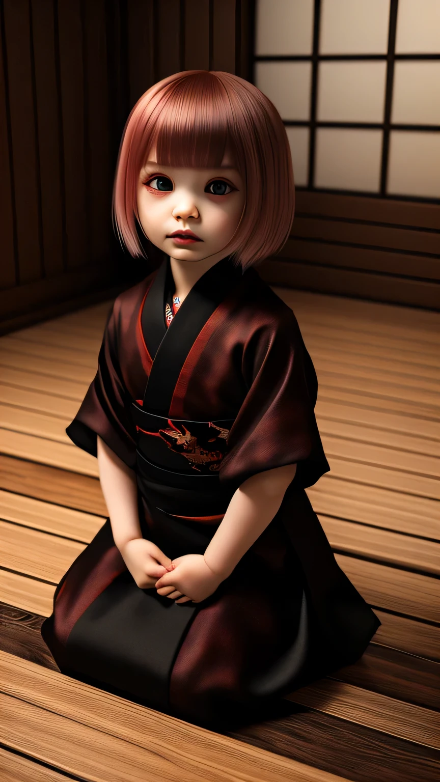 pieces fly, highest quality, High resolution, realistic, 5 year old ,Inspired by Zashikiwarashi,,Bloodstained,Spooky Japan doll,short,Okabo hairstyle,tatami room,eerie atmosphere