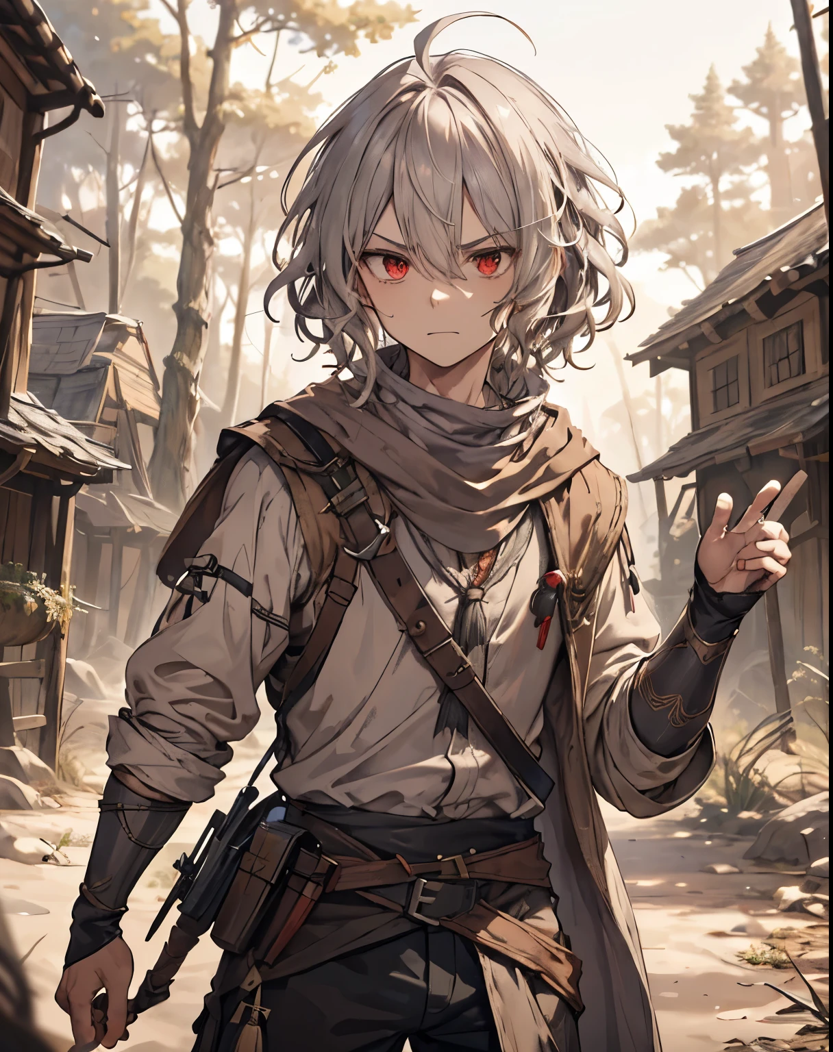 masterpiece, 1men, sparrow, a silver haired men, wearing a medieval villager clothes, curly medium hair, messy hair, slim body, wearing adventurer clothes, he close her left eye, shirt ornament, angry expression, red eyes, stand at forest, ahoge,