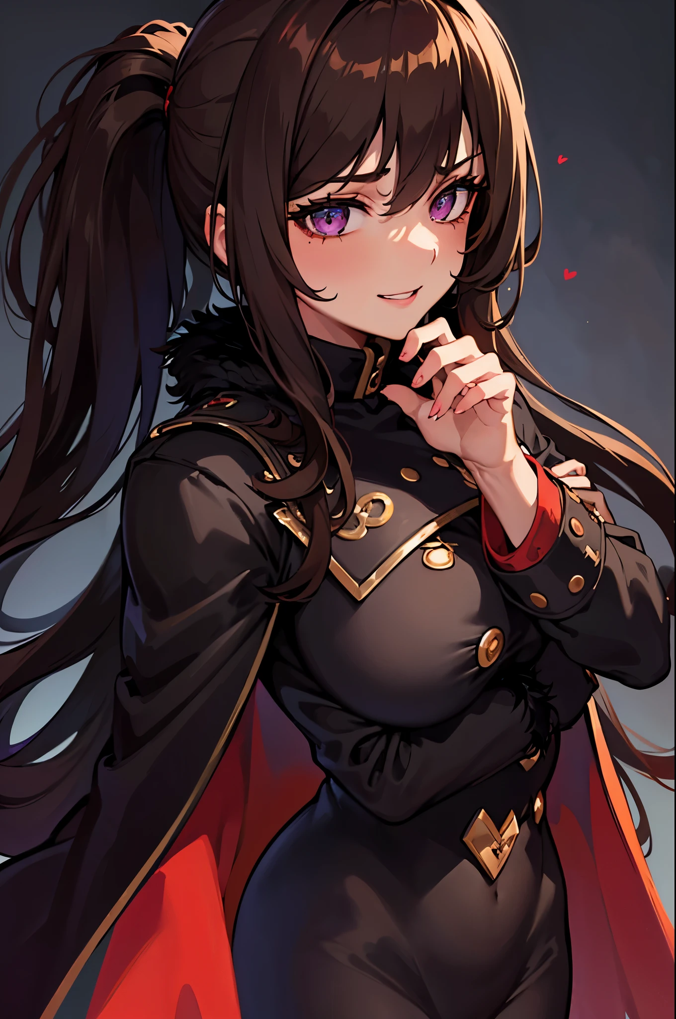 ((masterpiece)), ((best quality)), 1girl, adult, long hair, big bust, ((brown hair)), ((intimidant look)), ((close-up)), profile image, black and red clothes, sexy, dark colors, ((coat with fur)), ((wavy hair)), exposed skin, ((sexy pose)), good anatomy, ((dark sage clothes)), ((straight cut bangs)), emotionless, intimidant, ((beautiful eyes)), dark background, close up, ((detailed eyes)), ((detailed face)), hair bang, frontal look, relaxed, smile, queen, ponytail, violet eyes