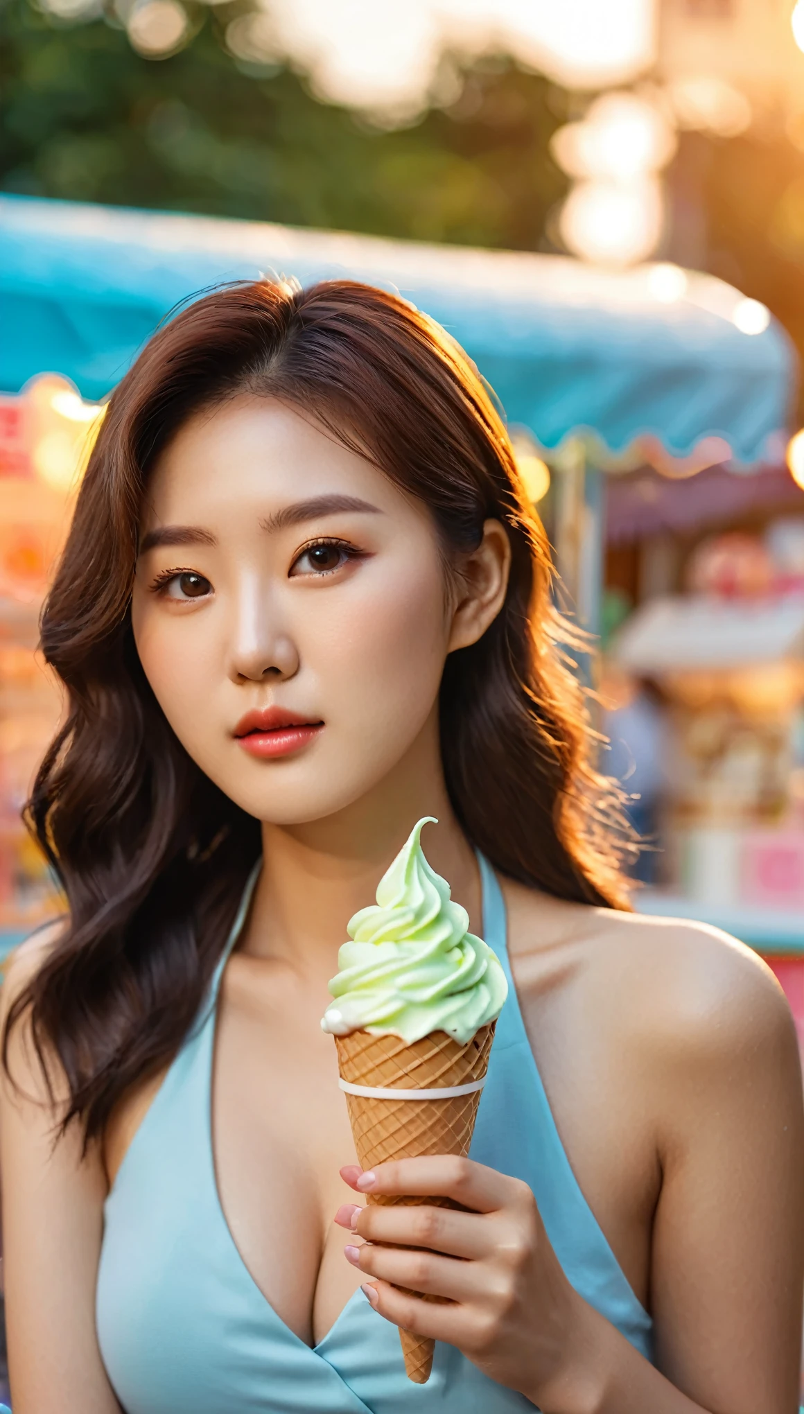 close-up shot of beautiful korean female, 36 inch breasts size, medium hair, wearing a halter neck holding ice cream, sitting at the ice-cream booth, sunset light, bokeh background
