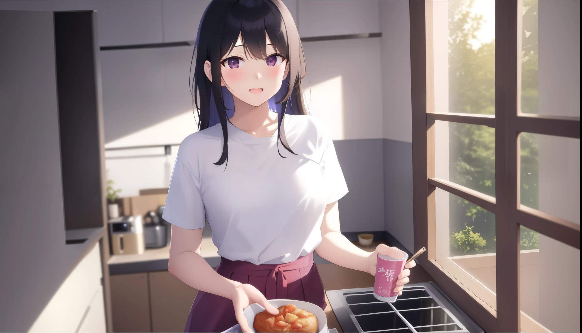 The background is the kitchen、shelf、microwave oven、window