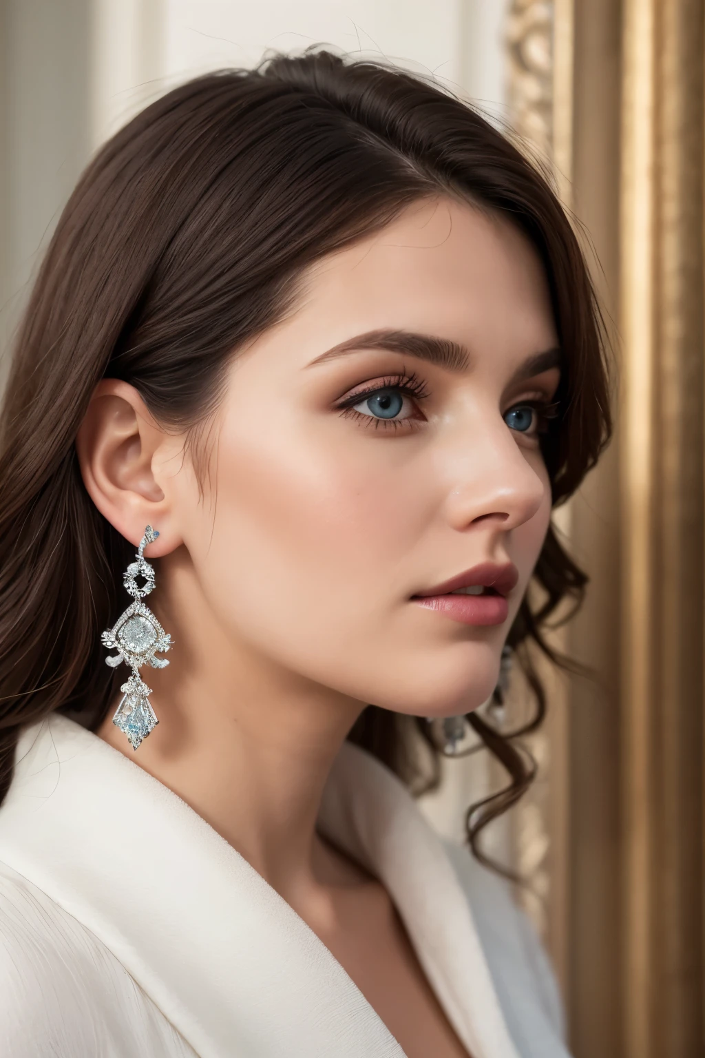 (masterpiece、highest quality)、intricate details、real、photorealistic、エマ・アンディイェフスカに触発されたearringsを身に着けている女性のクローズアップ、covered with crystals、Silver Color、長いearrings、Sandra Shevia、巨大なearrings、In 2019、blue eyes、platinum jewelry、earrings、perfect structure、シルバーearrings、