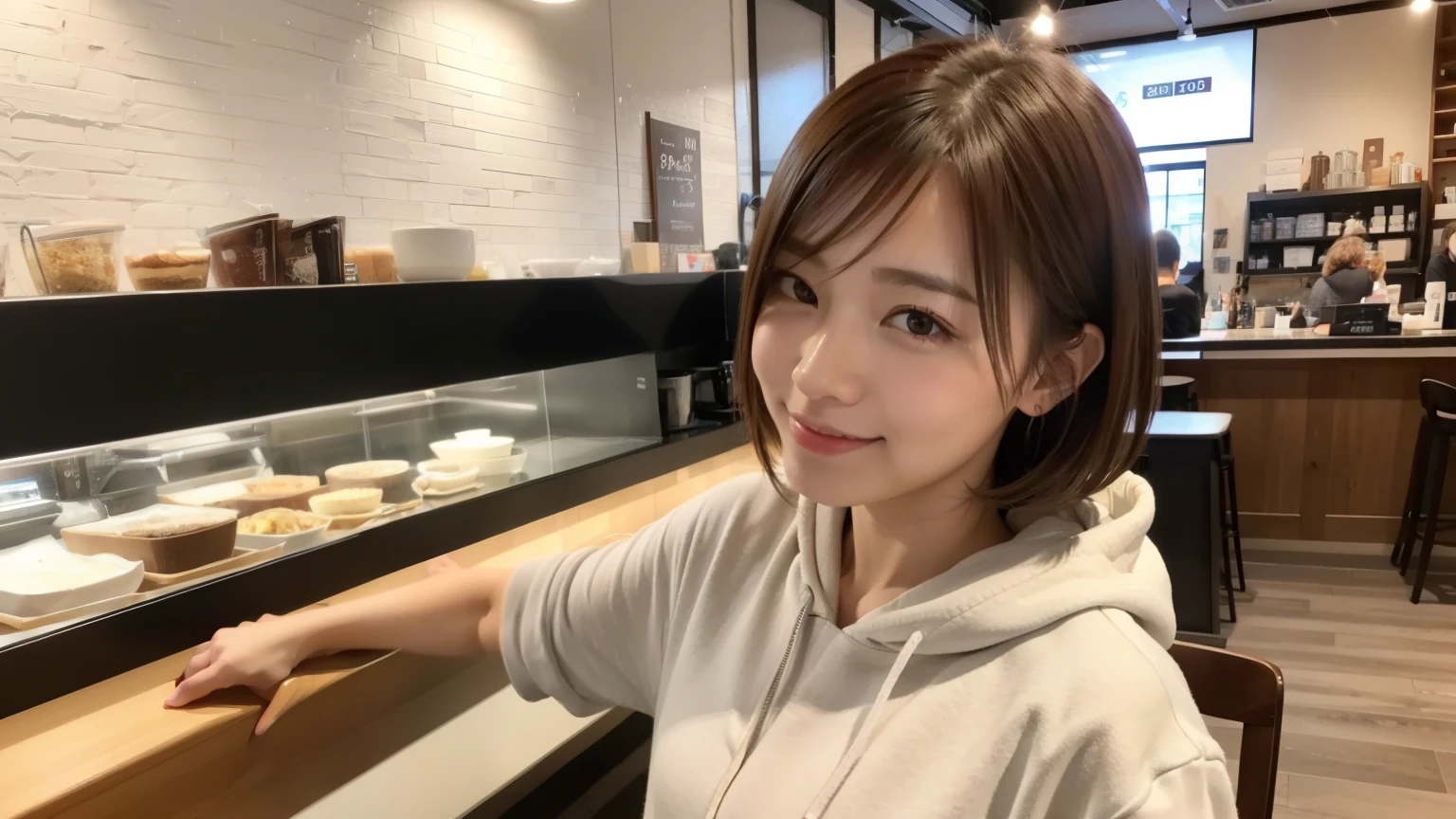 (8K, Raw photo, highest quality, masterpiece:1.2), (realistic, photo-realistic:1.4), (Highly detailed 8K wallpaper), perfect female body, famous japanese idol, 20 year old girl,  japanese model, medium short hair, messy hair, light brown hair, hoodie,inside a stylish cafe, I can see other customers enjoying themselves too.。At the back of the cafe、Staff are busy working at the counter。