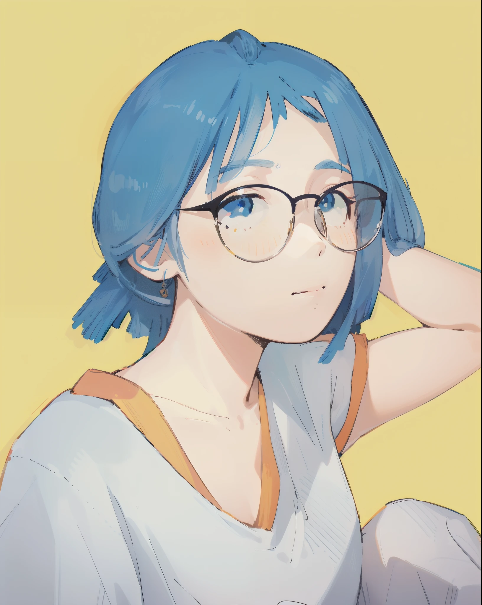 sam yang style (best quality:1.1), perfect anime illustration, detailed eyes, detailed face, a girl wearing glasses with blue hair posing for a picture, character design, rossdraws global illumination, sots art, Artgerm