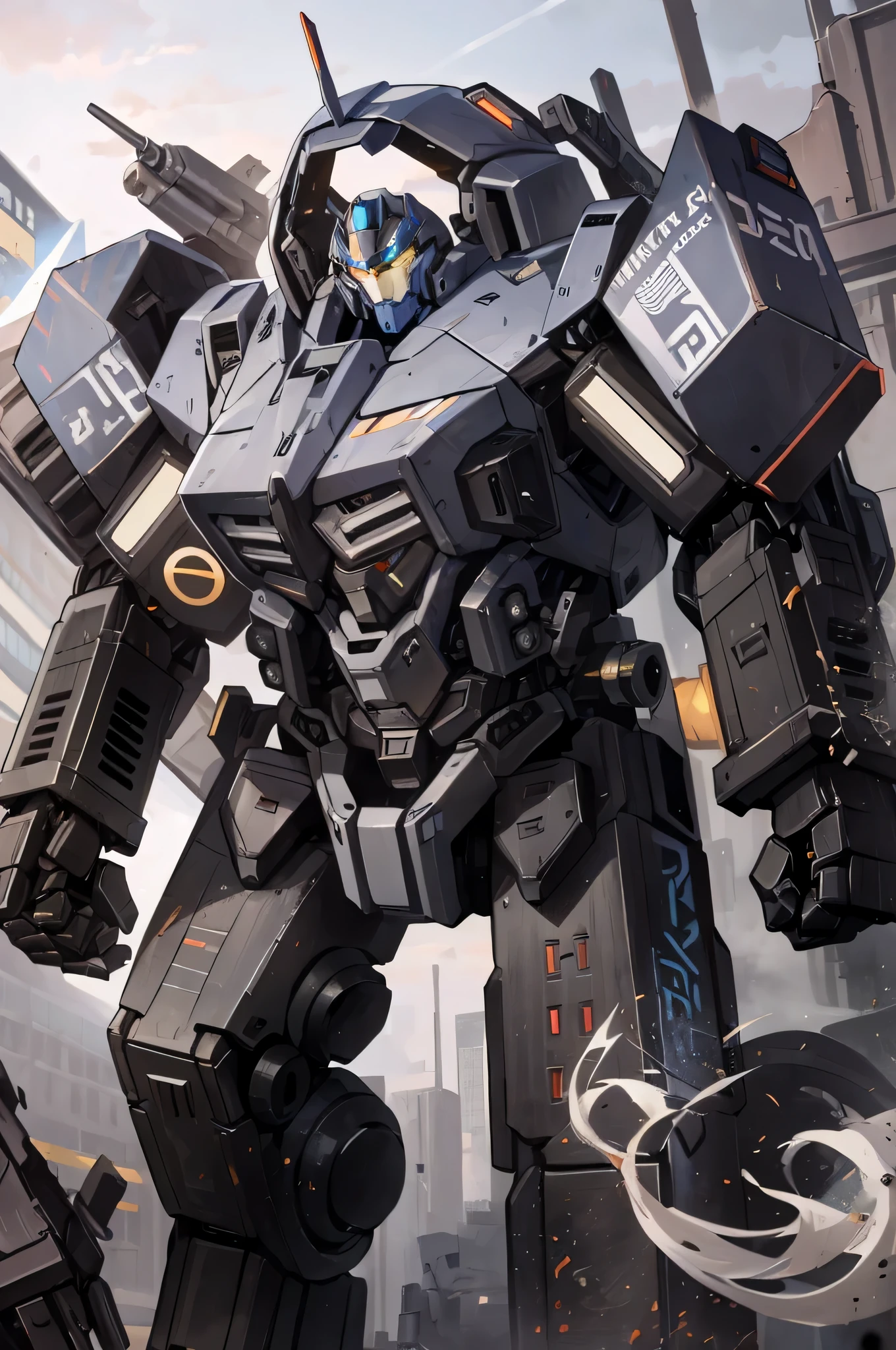 there is a robot that is standing in the middle of a city, Comic-style mech, black mecha, Cool mecha style, Mecha suit, Mecha suit, tremendous mecha robot, Armored core style mecha, Anime large mecha, Full body mecha, Mecha art, anime mecha armor, Combat technique style, battle mecha