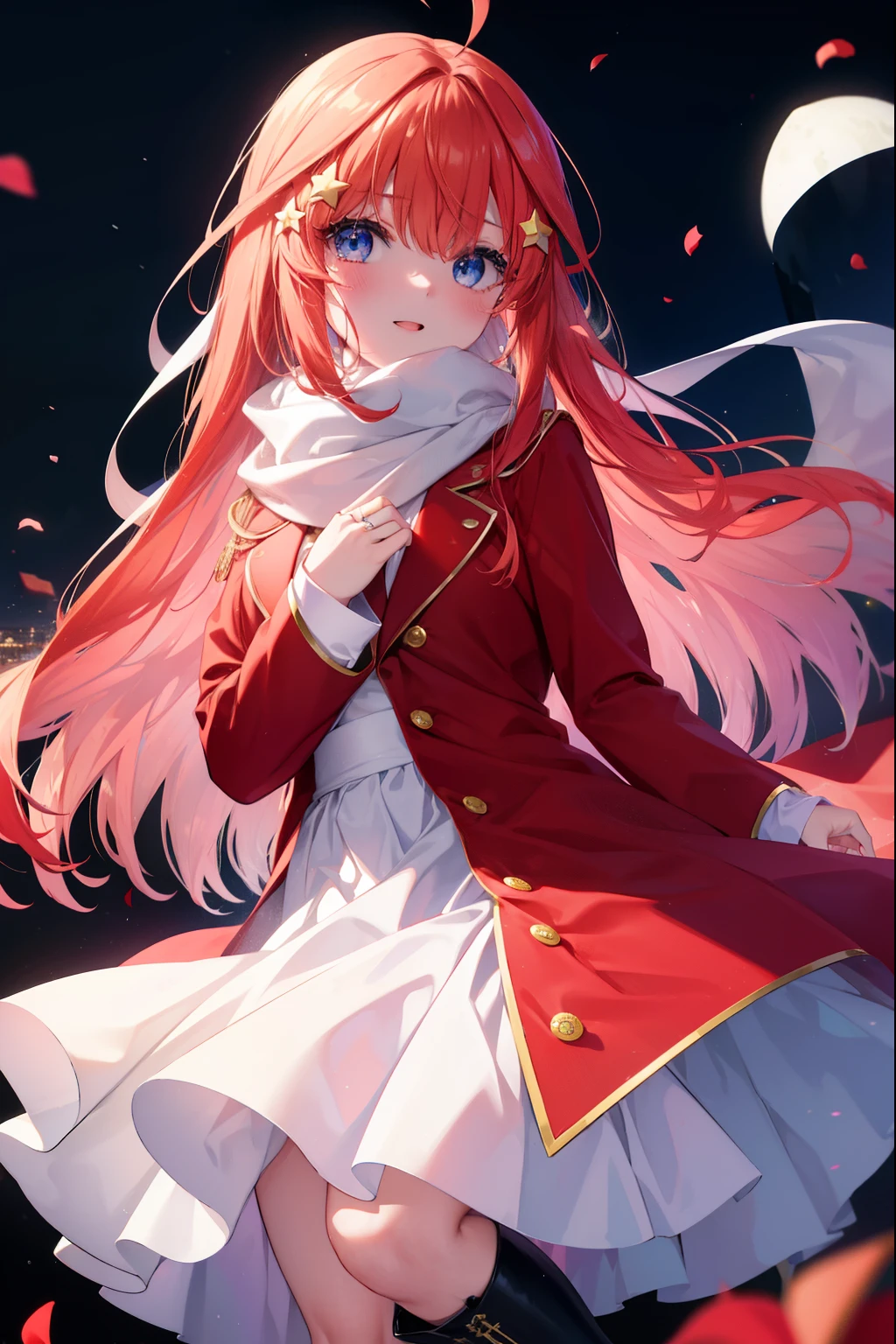 中野 五moon, itsuki nakano, bangs, blue eyes, hair between eyes, Ahoge, redhead, star \(symbol\), hair ornaments, star hair ornaments,smile,blush,oversized red long coat,scarf,white sweater,long skirt,short boots,Black Abyss glasses,She wears a wedding ring on her left ring finger,place your left hand, with a wedding ring attached, On your chest,tears of joy,close both eyes, smile,happy atmosphere,night,moon,moon光
壊す outdoors, destroy the illumination (masterpiece:1.2), highest quality, High resolution, unity 8k wallpaper, (shape:0.8), (beautiful and detailed eyes:1.6), highly detailed face, perfect lighting, Very detailed CG, (perfect hands, perfect anatomy),