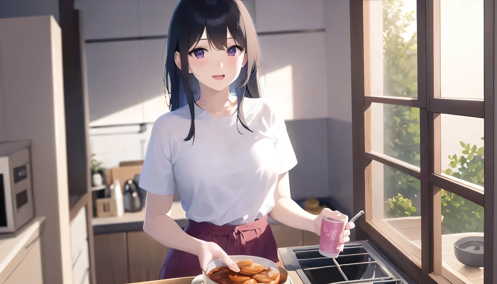 The background is the kitchen、shelf、microwave oven、window