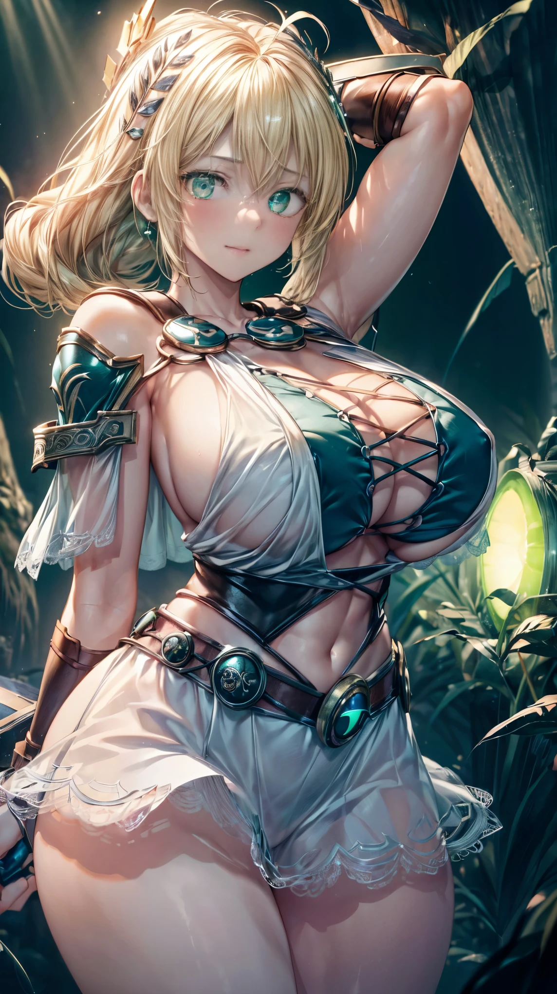 sensual, long blonde hair, thick thighs, 8K, 4k, highest quality, (High resolution:1.6), cute anime face, noise reduction,  (glowing green eyes、high detail eyes:1.5)、gentle smile, kind eyes、toned abdominal muscles, muscular arms, muscular legs, young face, anime eyes, (((big breasty chest is about to burst)))、Sophitia Alexandra、has a sword and shield、(SFW huge body:1.8)
