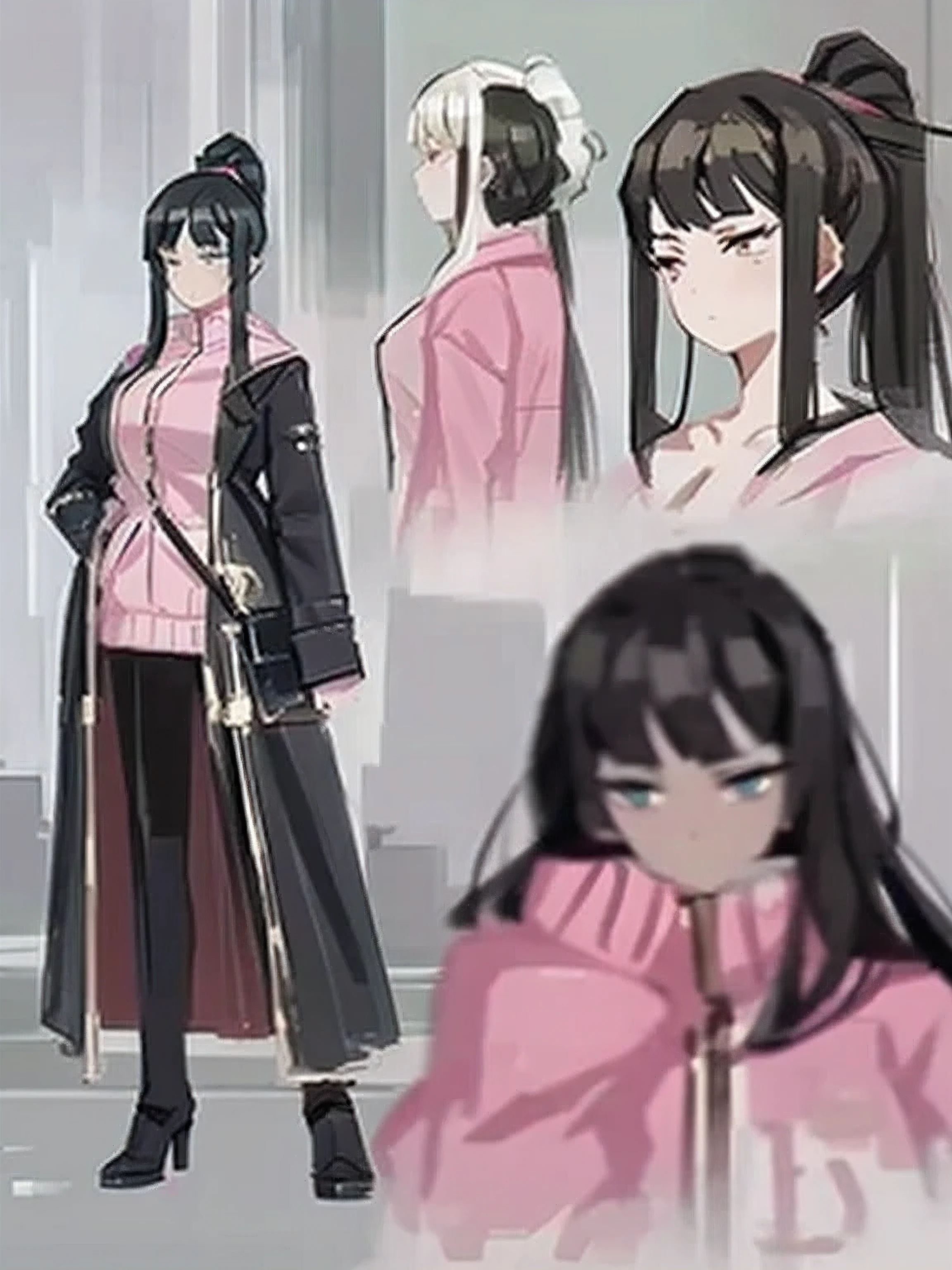woman, woman, young, 20-year-old, unusually long hair, princess cut, ponytail, black hair, saintbeautiful detailed faces, green eyes, green eyes, Gemological ornaments, 1 person, pink hoodie, kind, benevolent, masterpiece, 最high quality, Super detailed, figure, an extremely delicate and beautiful, 最high quality, exquisite, high quality, beautiful, 16k, reflect a person, Przysk, (character sheet:1) (Multiple Views Full Body Upper Body Reference Sheet:1), (character sheet:1) (Multiple Views Full Body Upper Body Reference Sheet:1), Przysk