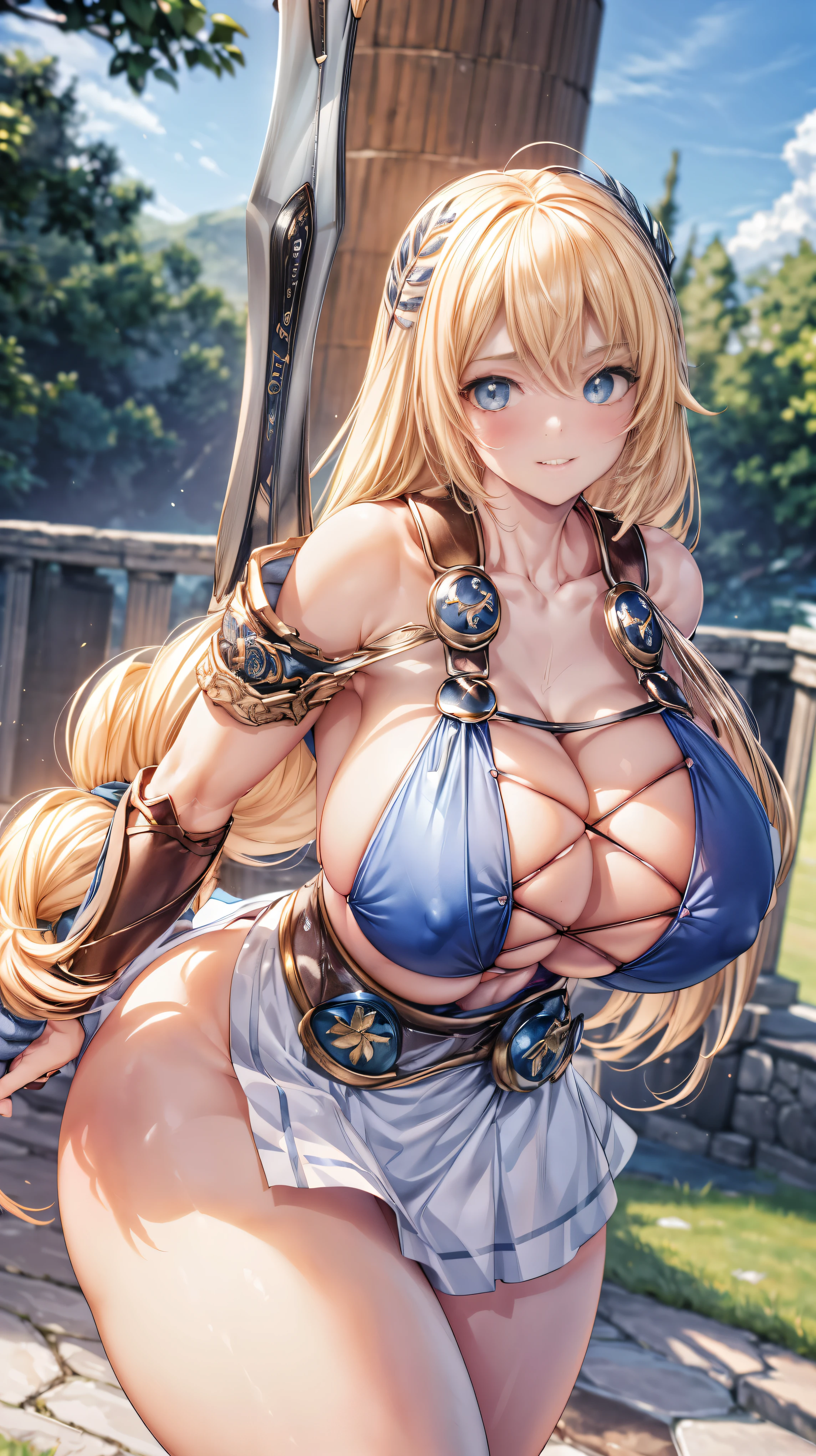 sensual, long blonde hair, thick thighs, 8K, 4k, highest quality, (High resolution:1.6), cute anime face, noise reduction, shining blue eyes, gentle smile, kind eyes、toned abdominal muscles, muscular arms, muscular legs,  young face, anime eyes, Sophitia Alexandra、Have a sword and shield、(SFW huge body:1.8)