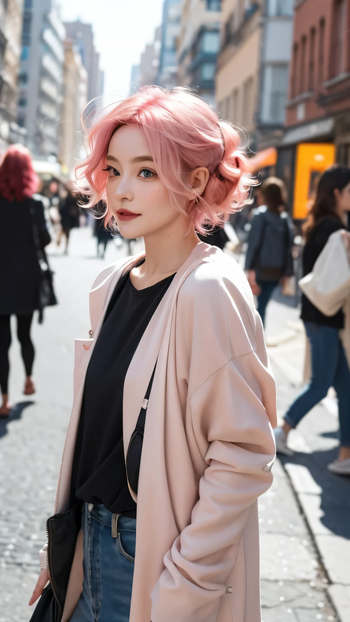 In the bright and cheerful atmosphere of a sunny afternoon, Unique hairstyles highlight women&#39;s street style, Capturing the essence of urban fashion. Her hair is a lively pink, Cut it short in a fashionable and bold way. The ends of her hair are gently curled, Adds a touch of whimsy and sophistication to vibrant colors. these gentle curls, and a subtle fade at the tips., Create visually appealing contrast, Show her modern and fashionable image. Wearing earphones, She adds urban functionality to her look, Great for busy women. Her striking pink hair combo with playful curls and faded ends, Sunny city street as background, Create captivating street photography scenes. Her hairstyle not only complements her outfit，and embodies a vibrant and dynamic lifestyle.