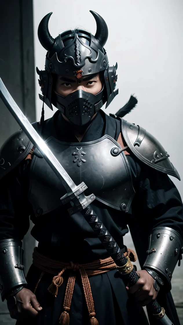 Close-up of a warrior with a helmet and a sword, warrior, 壮大なwarrior, warriorの肖像画, samurai style, cyborg warrior, demon warrior warrior, Japanese warrior, demon samurai, A warrior with a demonic mask, Ancient Japanese warrior, black cow samurai, japanese warrior, feudal art, warrior, as a warrior, , history , symmetry, realistic, male, in the dark, black and white