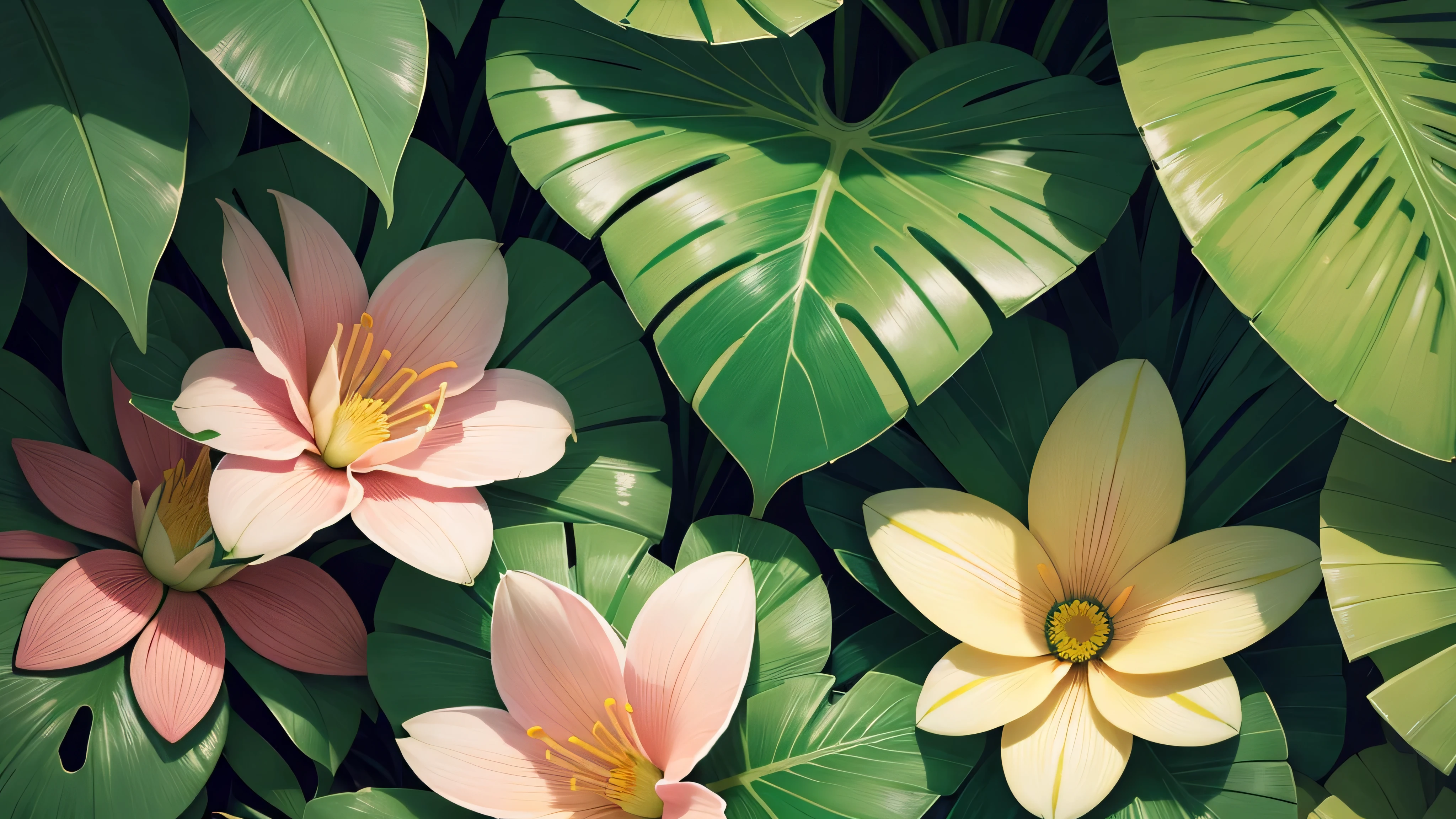 Tropical foliage and flower background, tropical flower plants, tropical plants and flowers, beautiful tropical flowers, colorful tropical plants, blooming tropical flowers, Tropical plants, lush garden leaves and flowers, tropical flowers, tropical background, detailed digital illustration, photorealistic print of exotic, tropical foliage, subtropical flowers and plants, Tropical leaves, matte digital illustration, tropical atmosphere, detailed beautiful plants, contrast color, many flowers, pink flowers