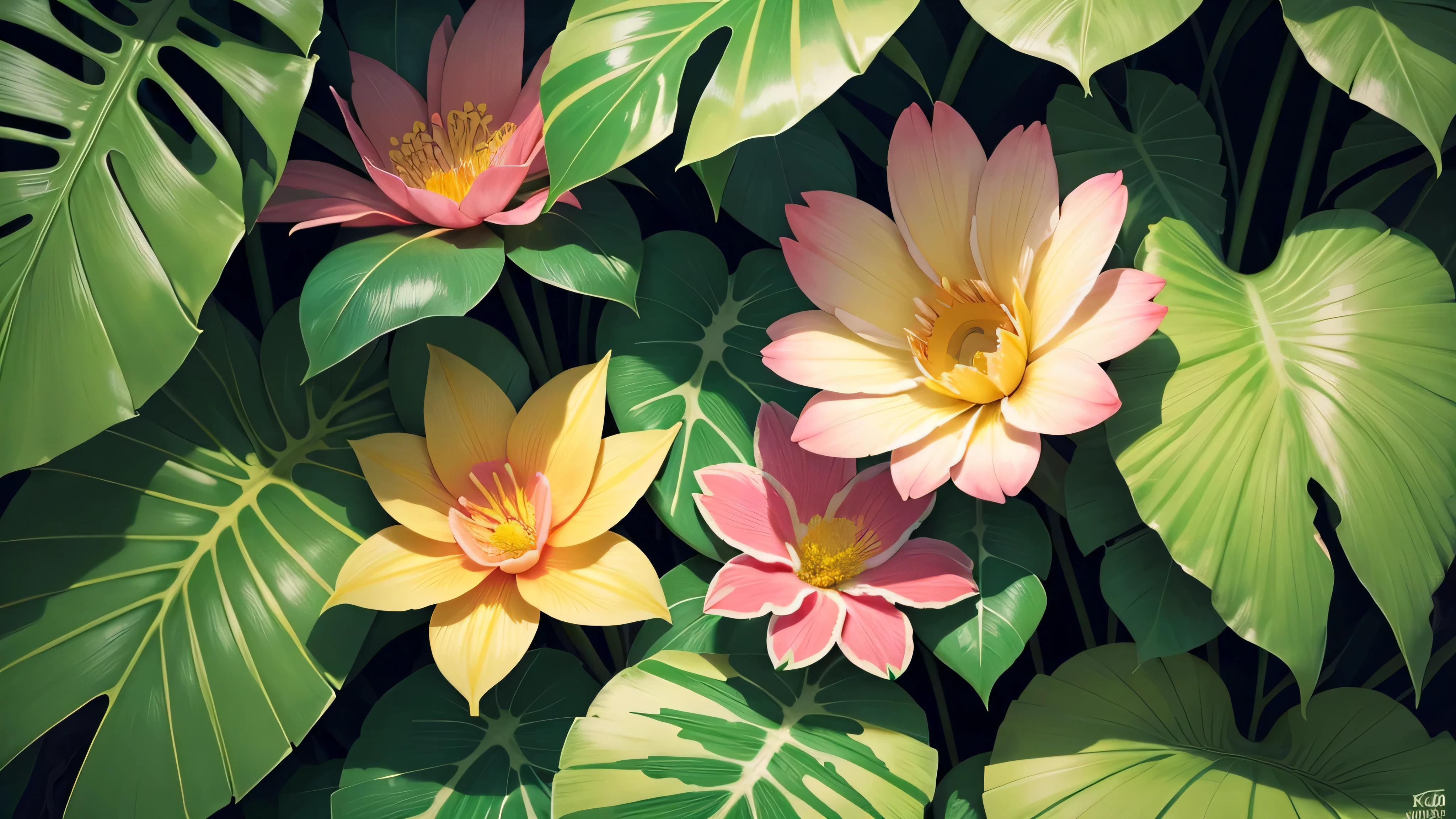 Tropical foliage and flower background, tropical flower plants, tropical plants and flowers, beautiful tropical flowers, colorful tropical plants, blooming tropical flowers, Tropical plants, lush garden leaves and flowers, tropical flowers, tropical background, detailed digital illustration, photorealistic print of exotic, tropical foliage, subtropical flowers and plants, Tropical leaves, matte digital illustration, tropical atmosphere, detailed beautiful plants, contrast color, many flowers, pink flowers