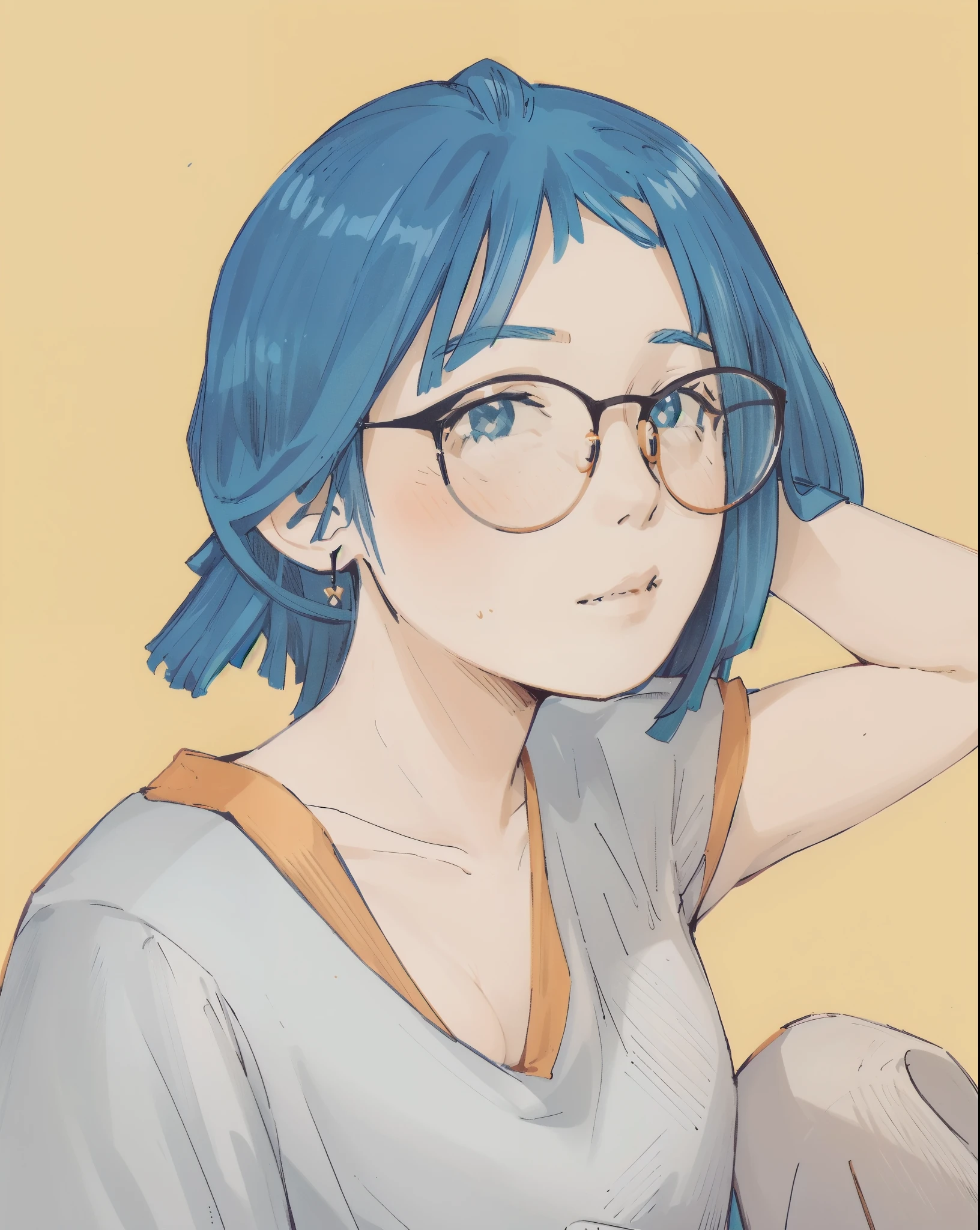 sam yang style (best quality:1.1), perfect anime illustration, detailed eyes, detailed face, a girl wearing glasses with blue hair posing for a picture, character design, rossdraws global illumination, sots art, Artgerm, crayon texture, sketch