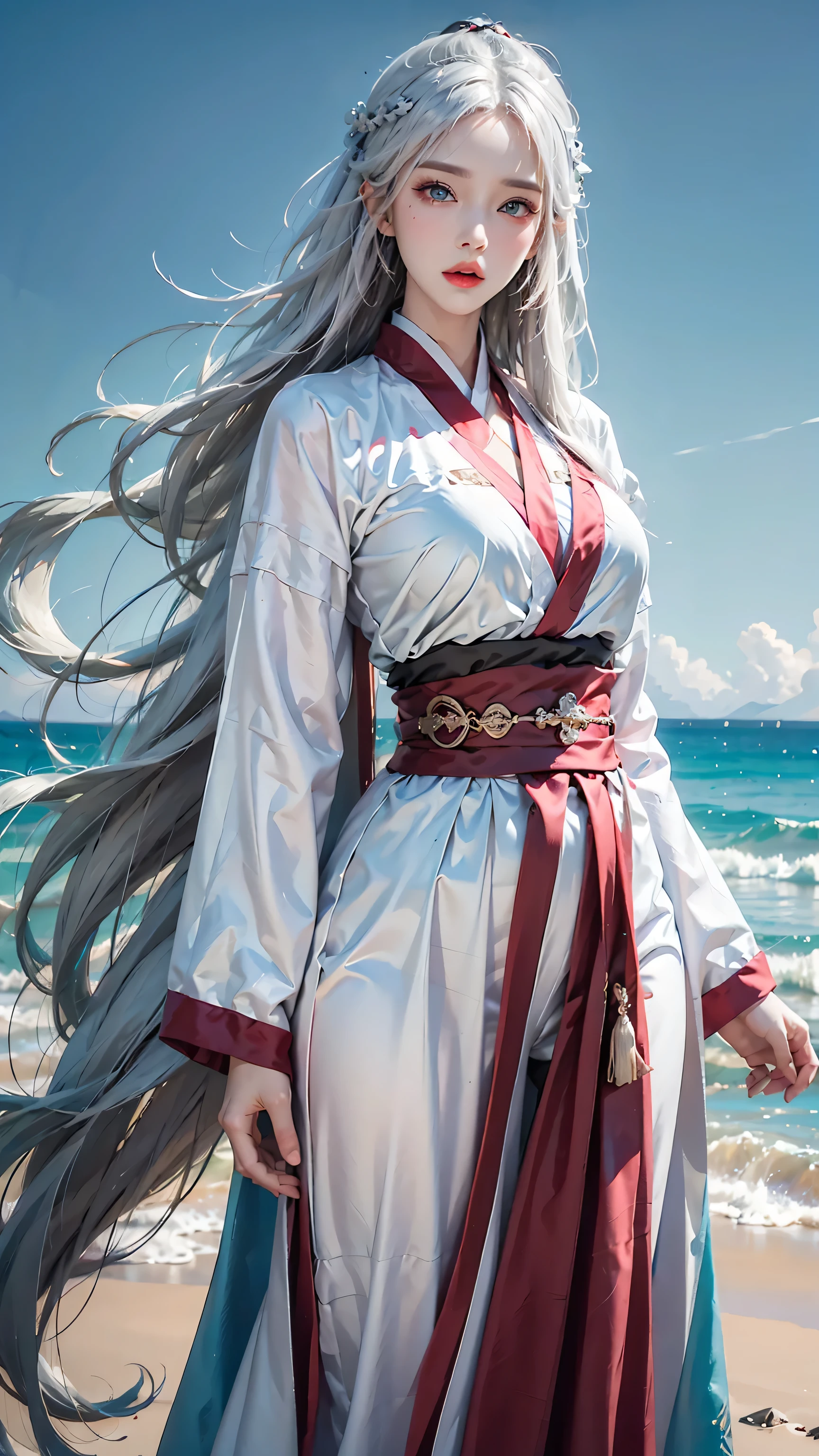 lifelike, High resolution, 1 female, shiny skin, alone, jewelry, pink lips, long white hair, blue eyes, shut your mouth, Hips raised, hanfu