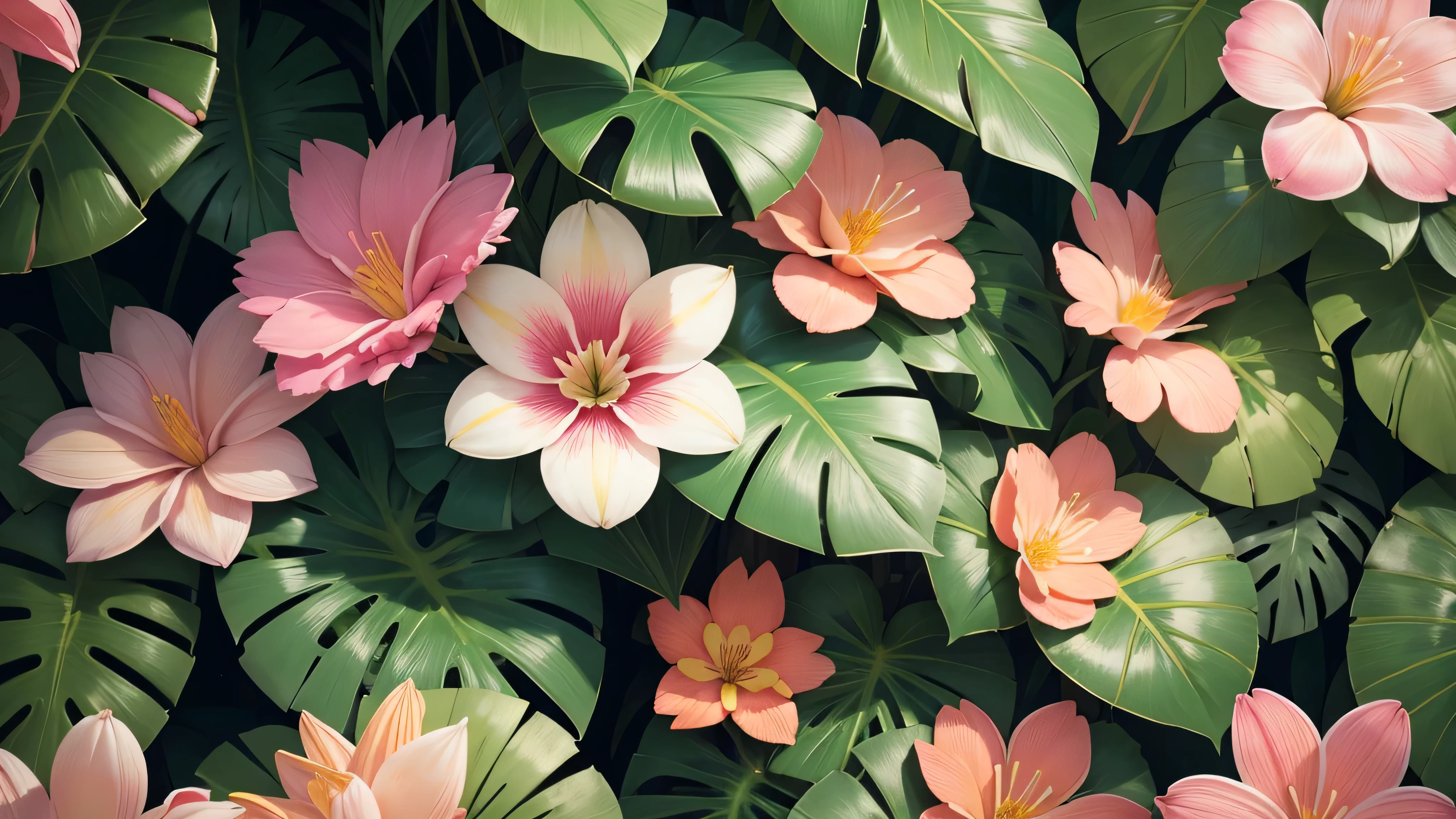Tropical foliage and flower background, tropical flower plants, tropical plants and flowers, beautiful tropical flowers, colorful tropical plants, blooming tropical flowers, Tropical plants, lush garden leaves and flowers, tropical flowers, tropical background, detailed digital illustration, photorealistic print of exotic, tropical foliage, subtropical flowers and plants, Tropical leaves, matte digital illustration, tropical atmosphere, detailed beautiful plants, contrast color, many flowers, pink flowers